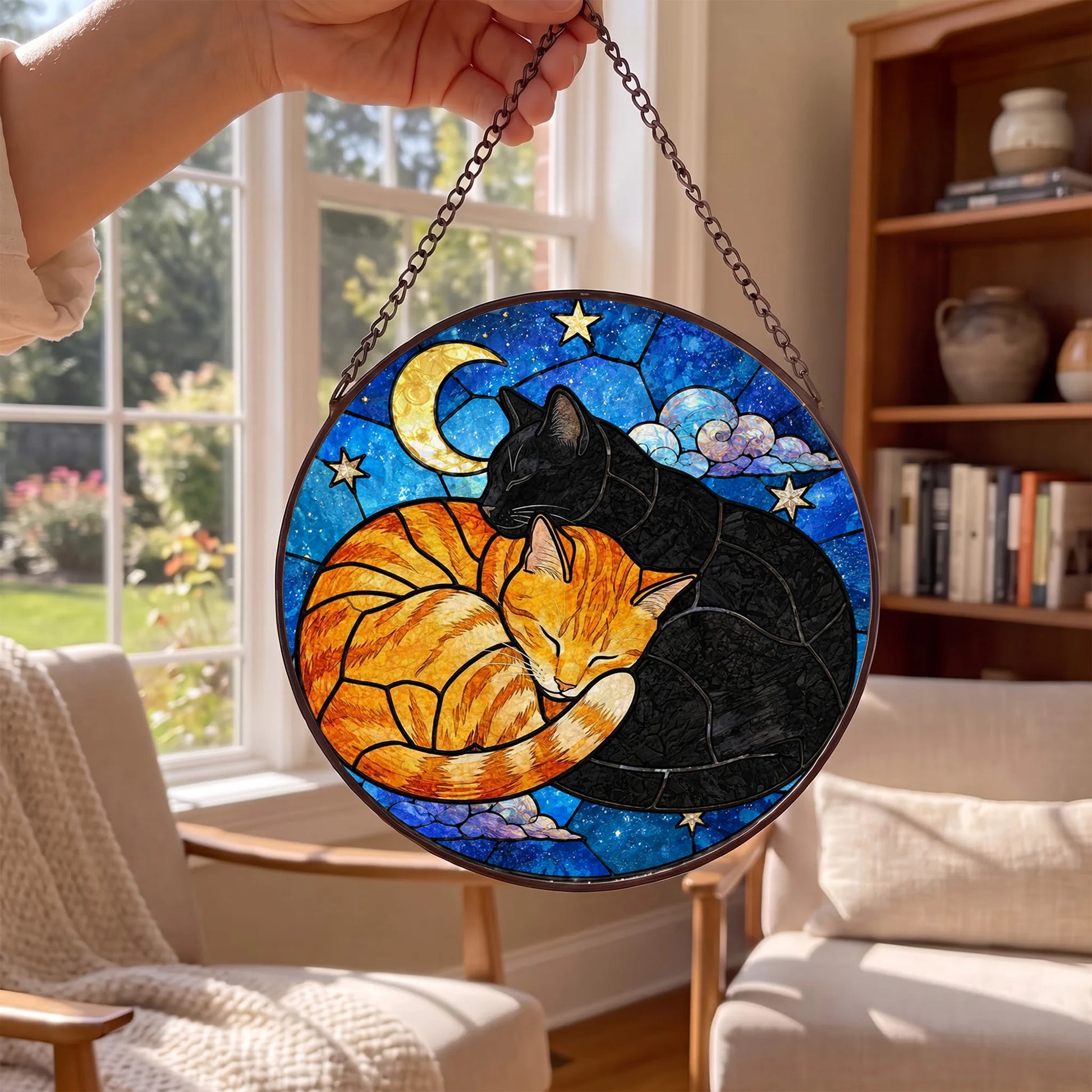 Black Cat Portrait Suncatcher - Personalized Stained Glass Window Hanging - Window View