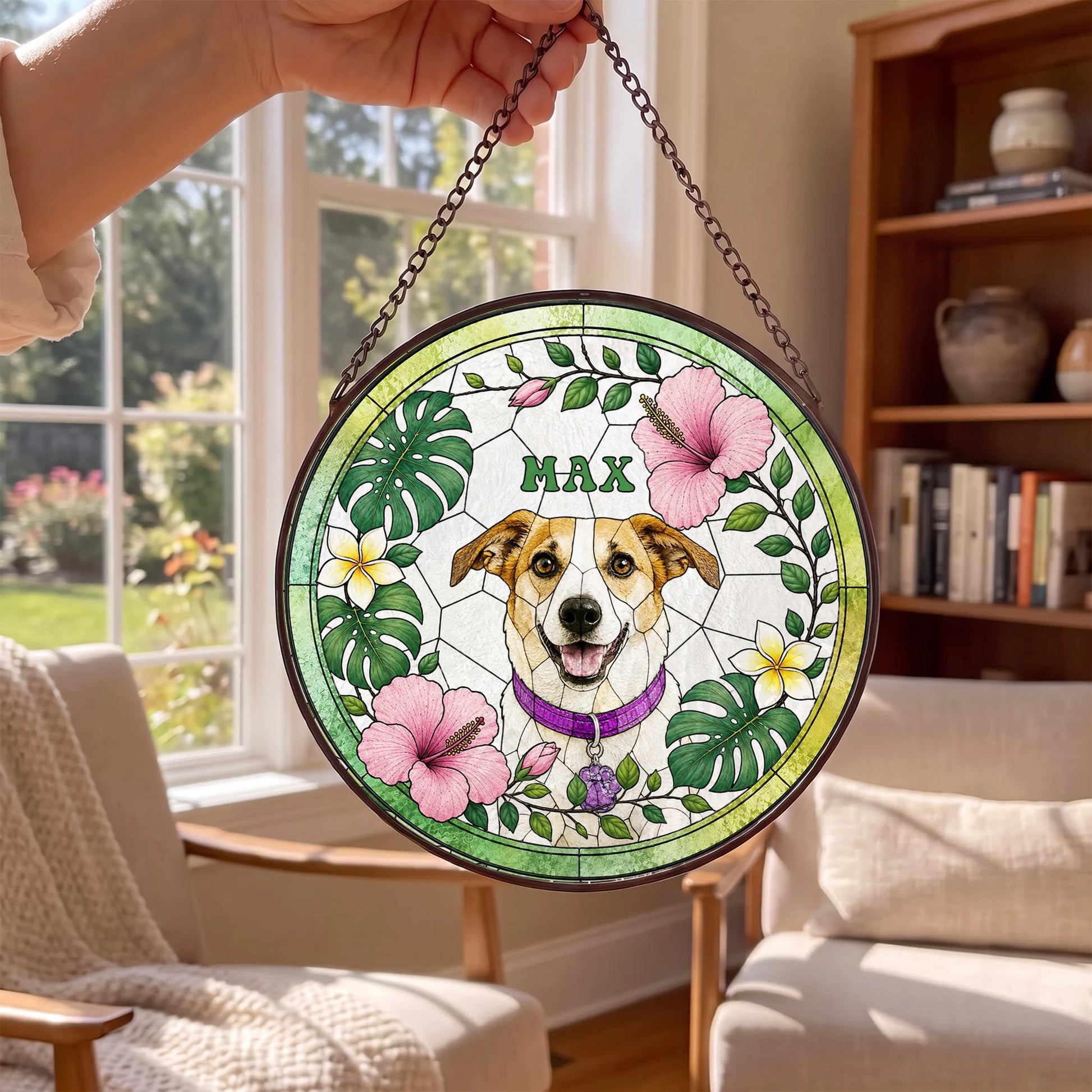Custom Pet Portrait Suncatcher - Personalized Stained Glass Window Hanging - Window View
