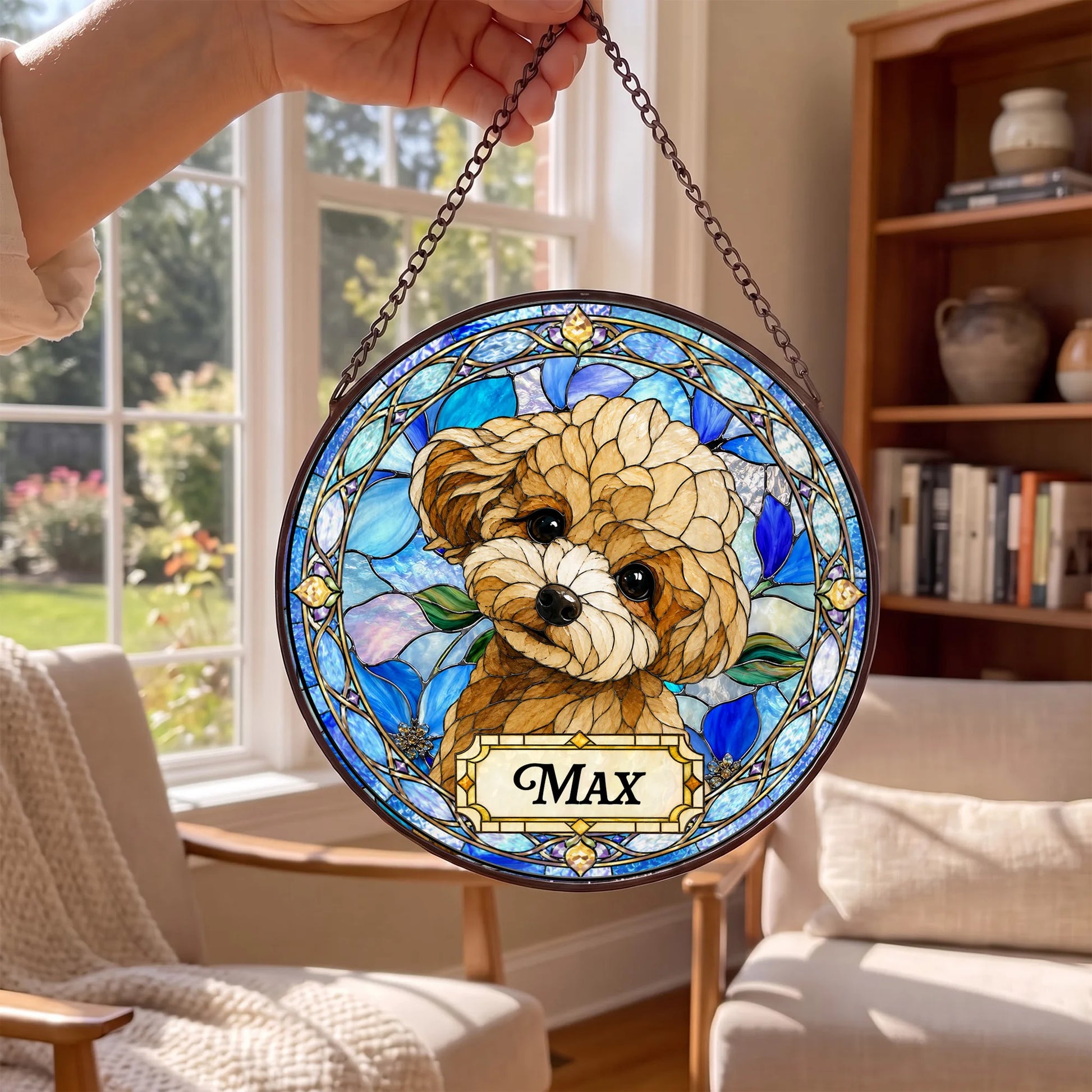 Custom Dog Portrait Suncatcher - Personalized Stained Glass Window Hanging - Window View