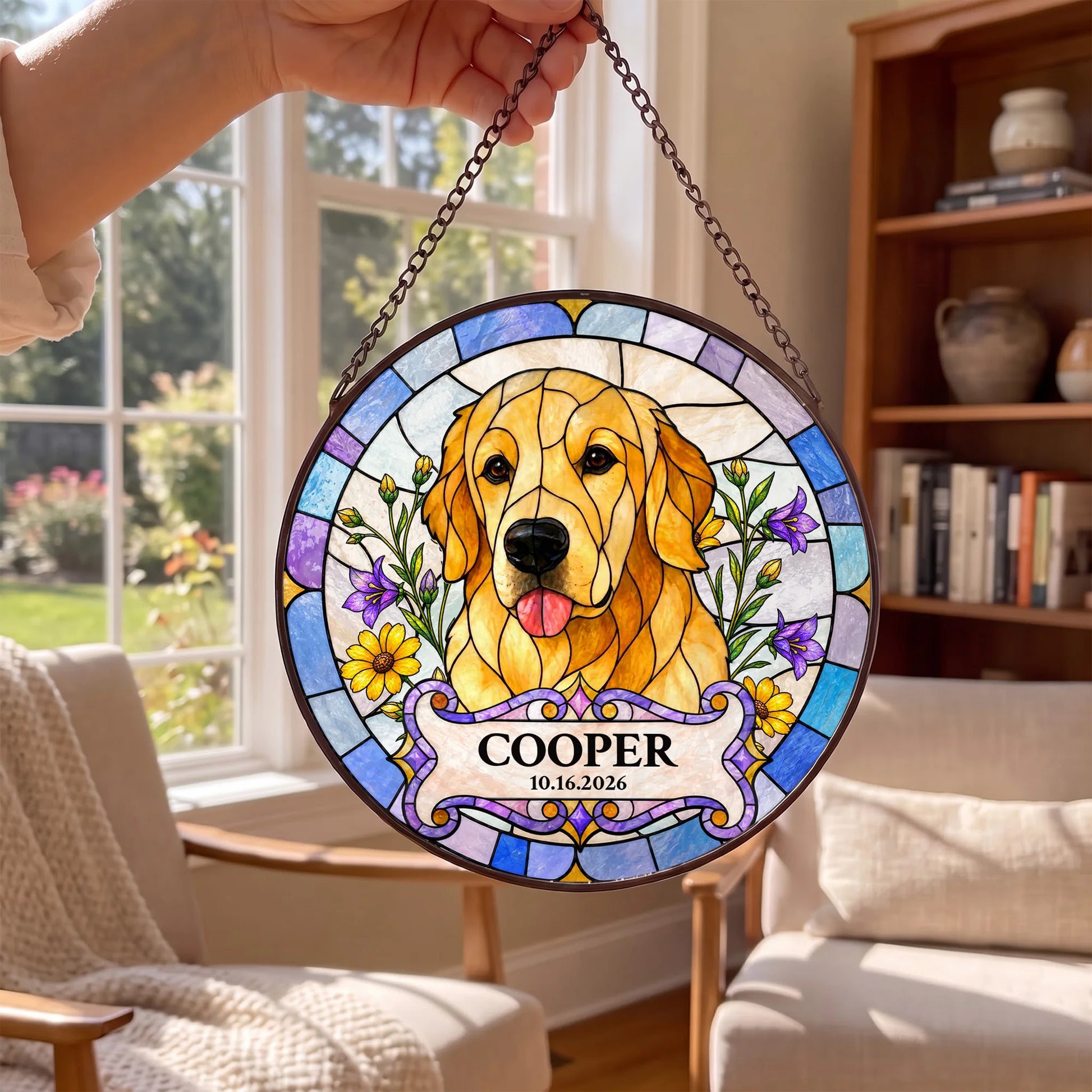 Custom Dog Portrait Suncatcher - Personalized Stained Glass Window Hanging - Window View