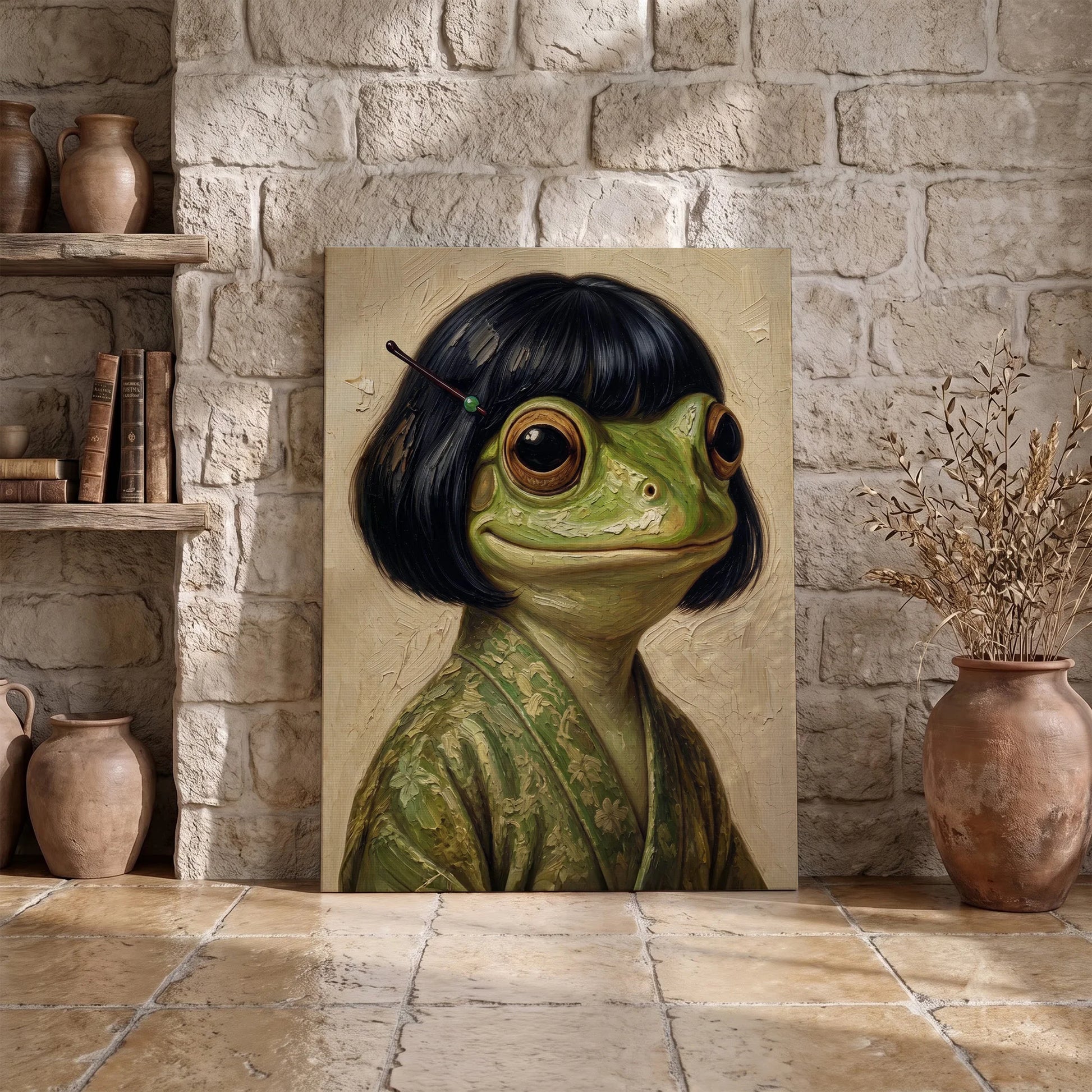 Whimsical Bob Hair Frog Portrait Vintage - Funny Canvas Wall Art - Wrapped Canvas 3