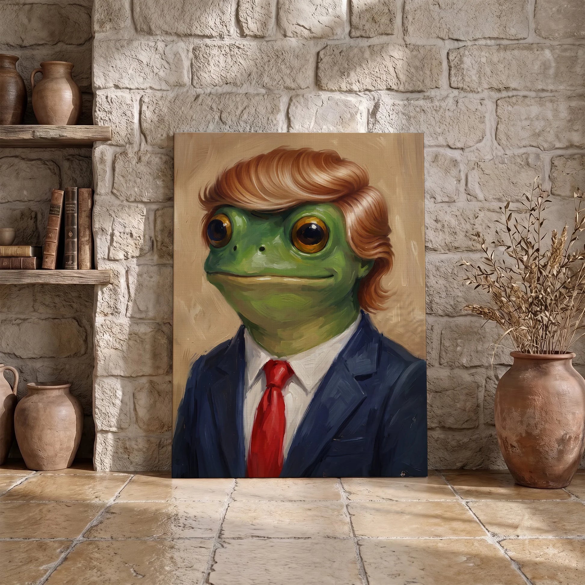 Funny Trump Frog Portrait Oil Painting Art Print Vintage - Funny Canvas Wall Art - Wrapped Canvas 3
