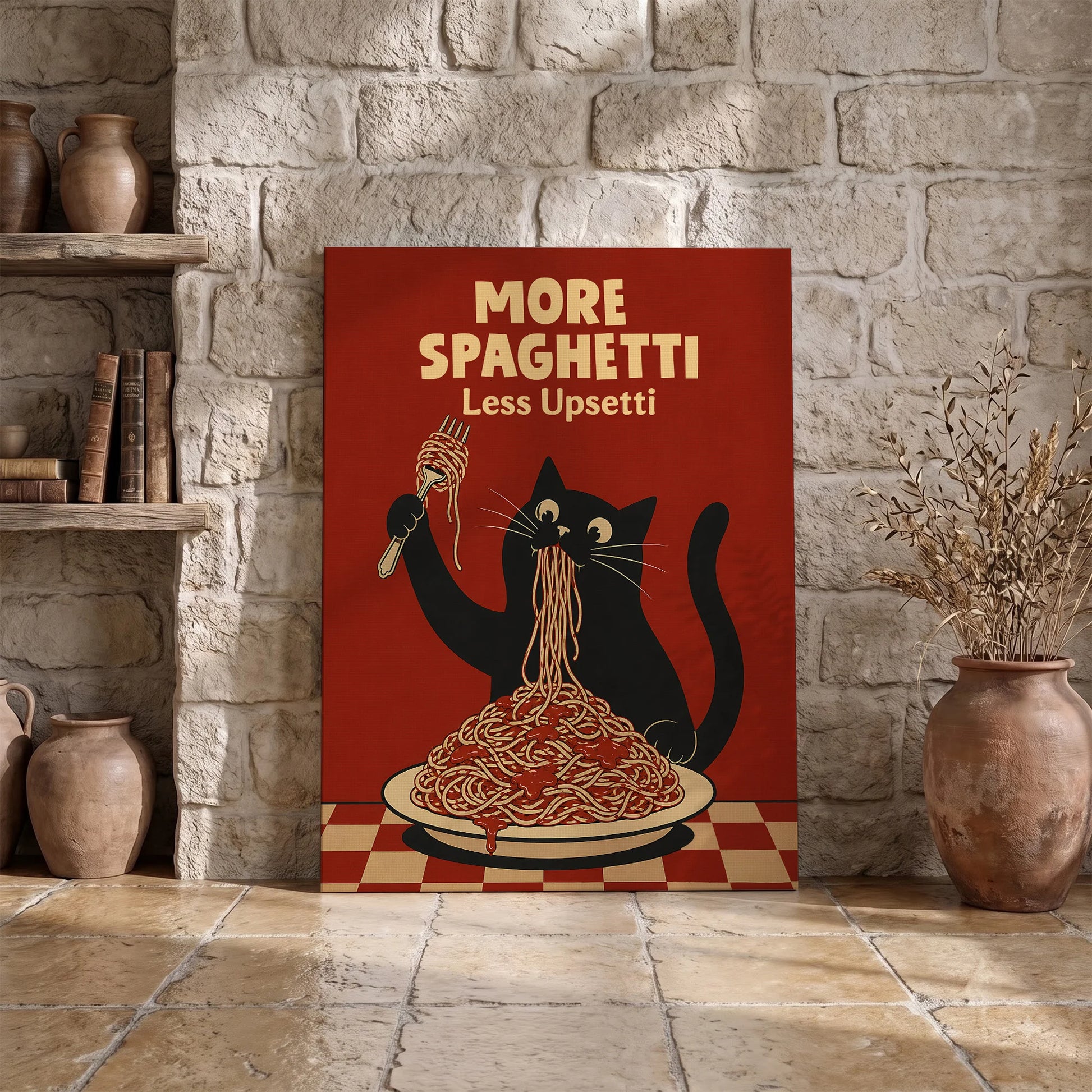 More Spaghetti Less Upsetti Funny Hungry Cat Spaghetti Art Print - Funny Canvas Wall Art - Wrapped Canvas 3