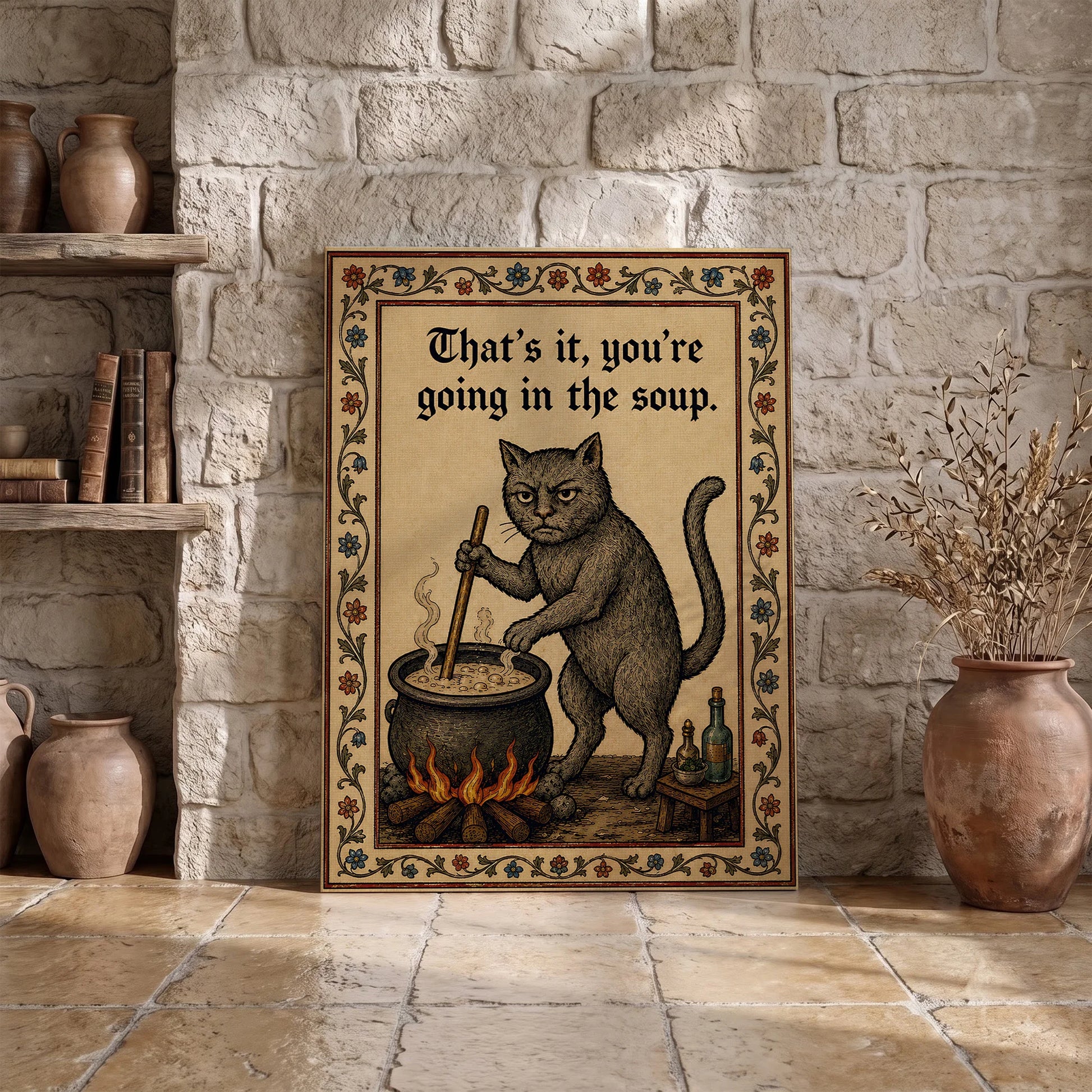 Funny Medieval Cat Going In The Soup Vintage - Funny Canvas Wall Art - Wrapped Canvas 3