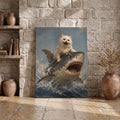 Funny White Cat Riding Shark - Funny Canvas Wall Art - Wrapped Canvas 3