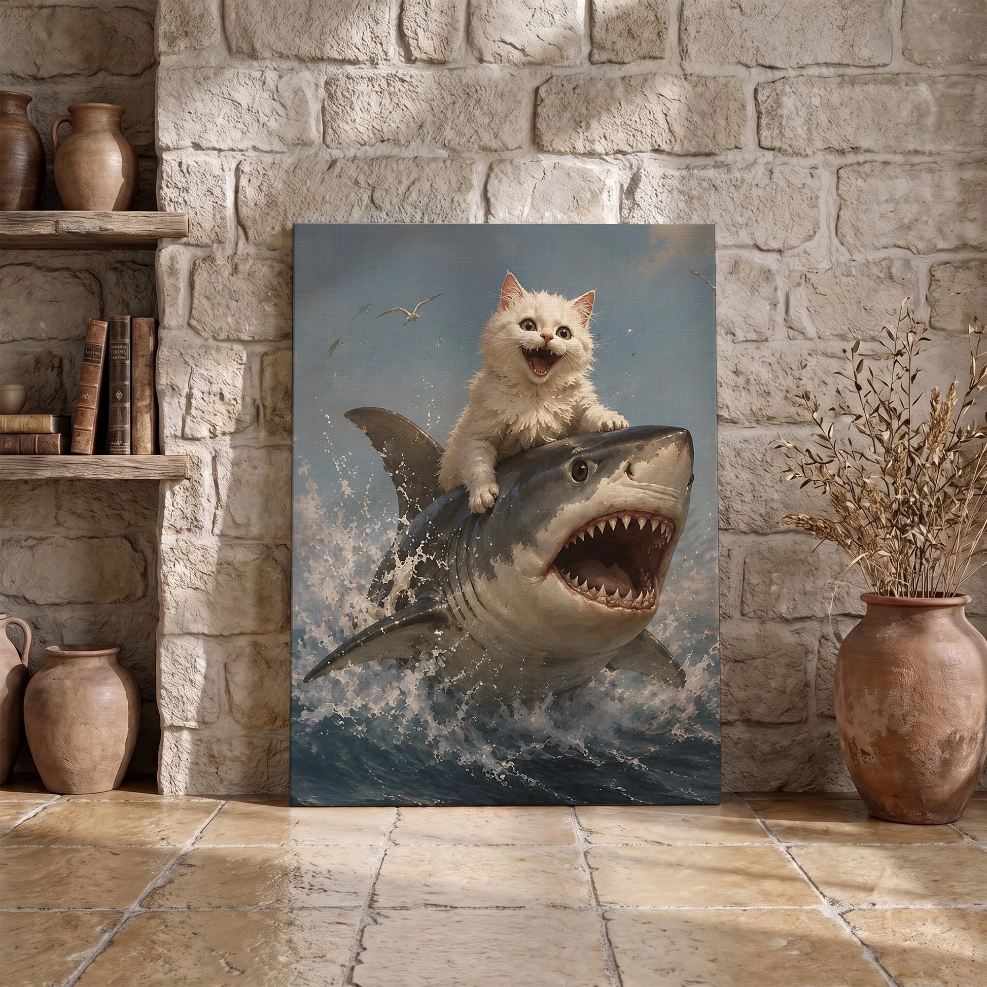 Funny White Cat Riding Shark - Funny Canvas Wall Art - Wrapped Canvas 3