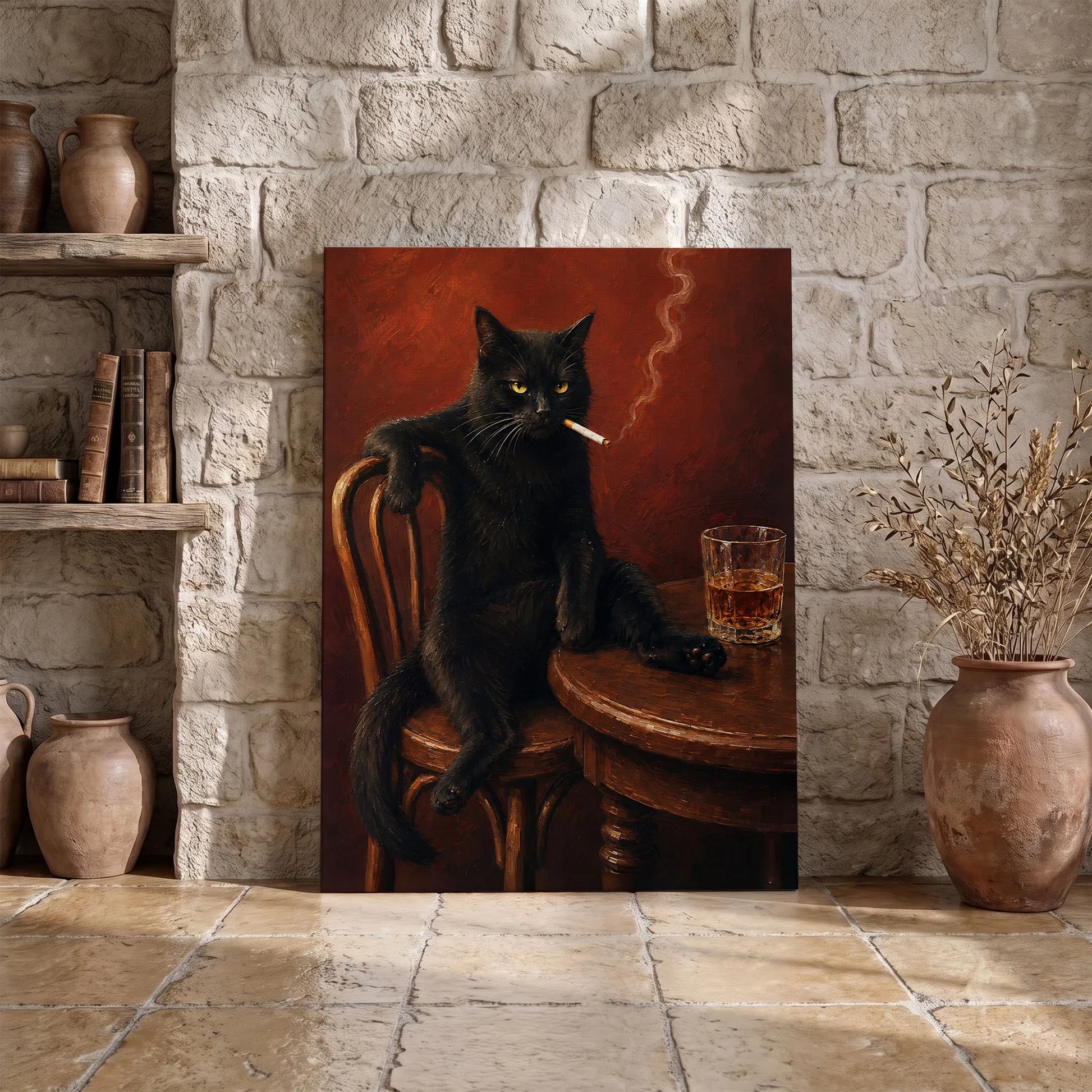 Vintage Black Cat Smoking - Funny Canvas Wall Art - Wrapped Canvas 3