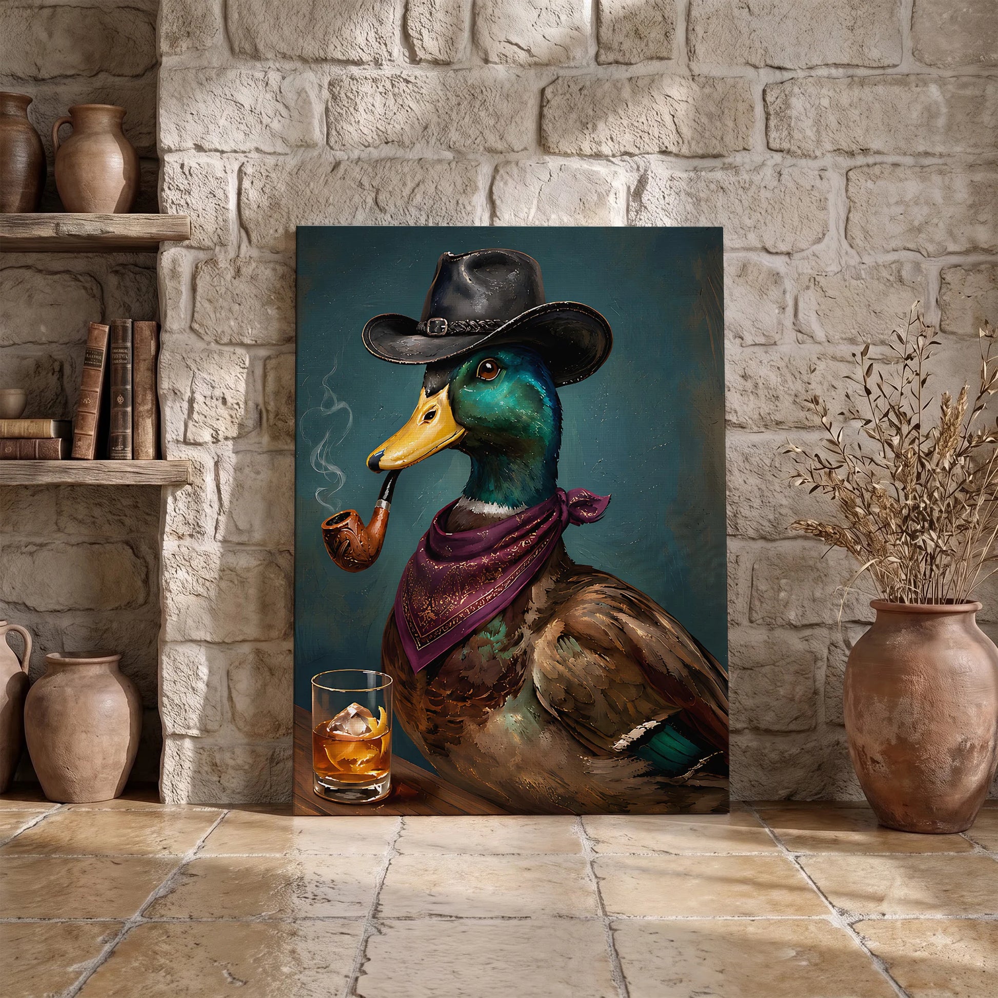 Cowboy Duck Smoking Whiskey Vintage Western - Funny Canvas Wall Art - Wrapped Canvas 3