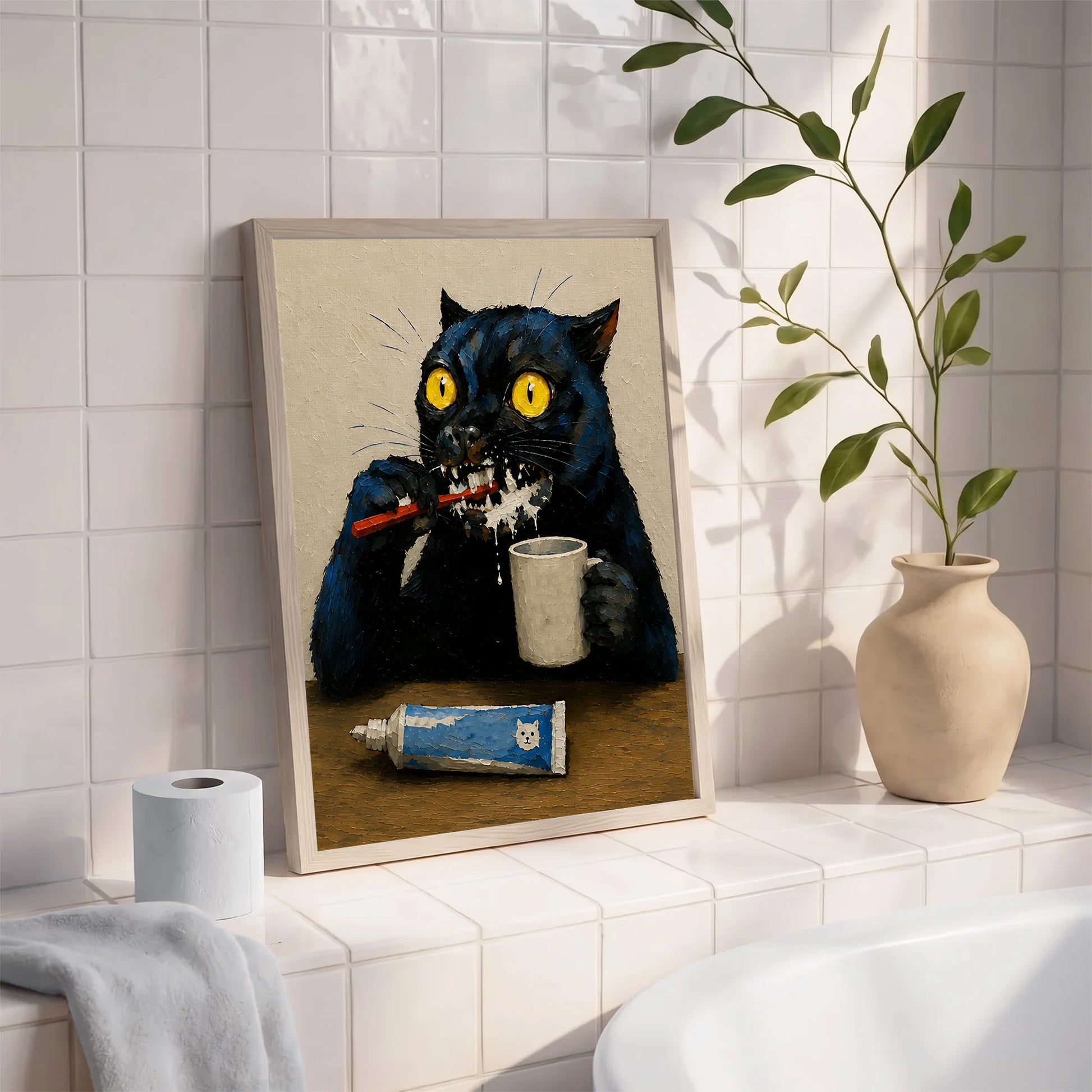 Quirky Black Cat Brushing Teeth Painting Humorous Bathroom Print Art  - Funny Canvas Wall Art - Bathroom Nature Frame 3