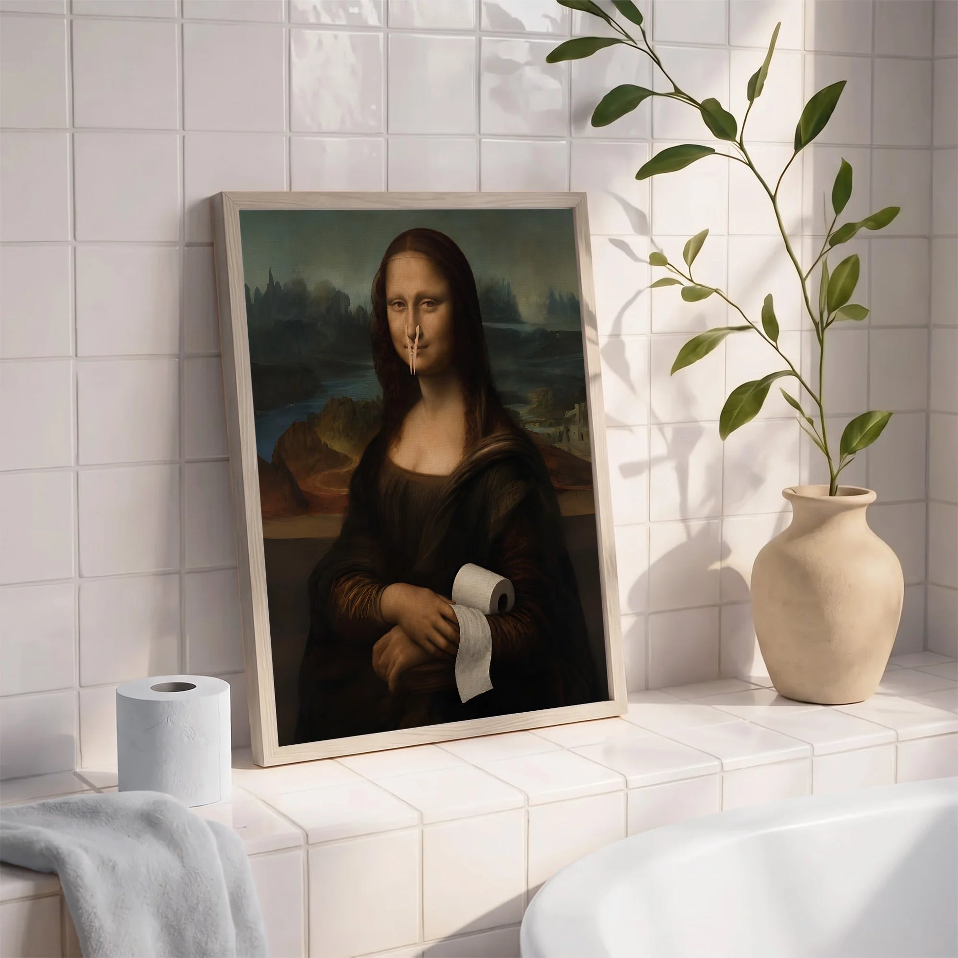 Funny Mona Lisa with Clothespin - Funny Canvas Wall Art - Bathroom Nature Frame 3