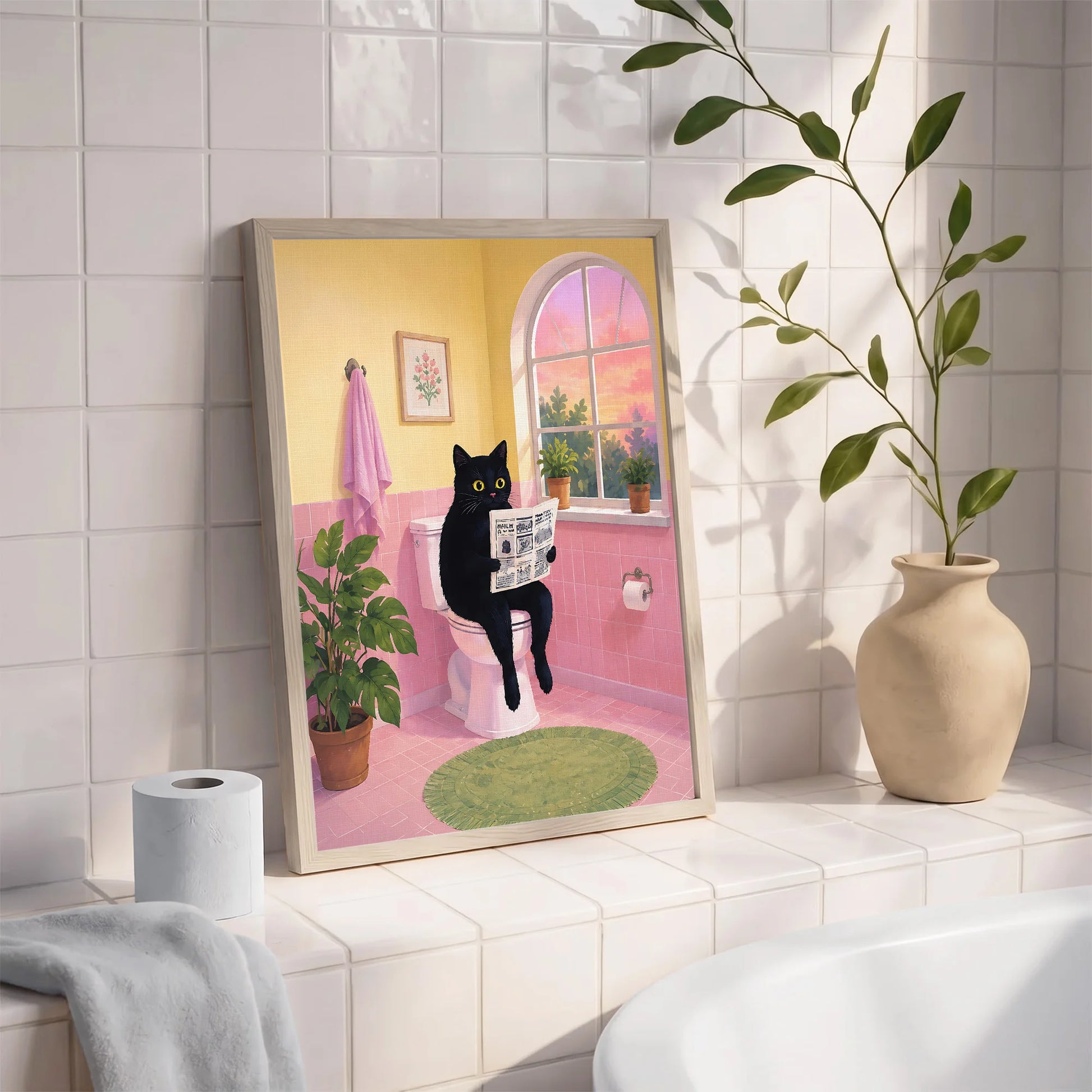 Cute Black Cat Sitting on Toilet Reading Newspaper - Funny Canvas Wall Art - Bathroom Nature Frame 3