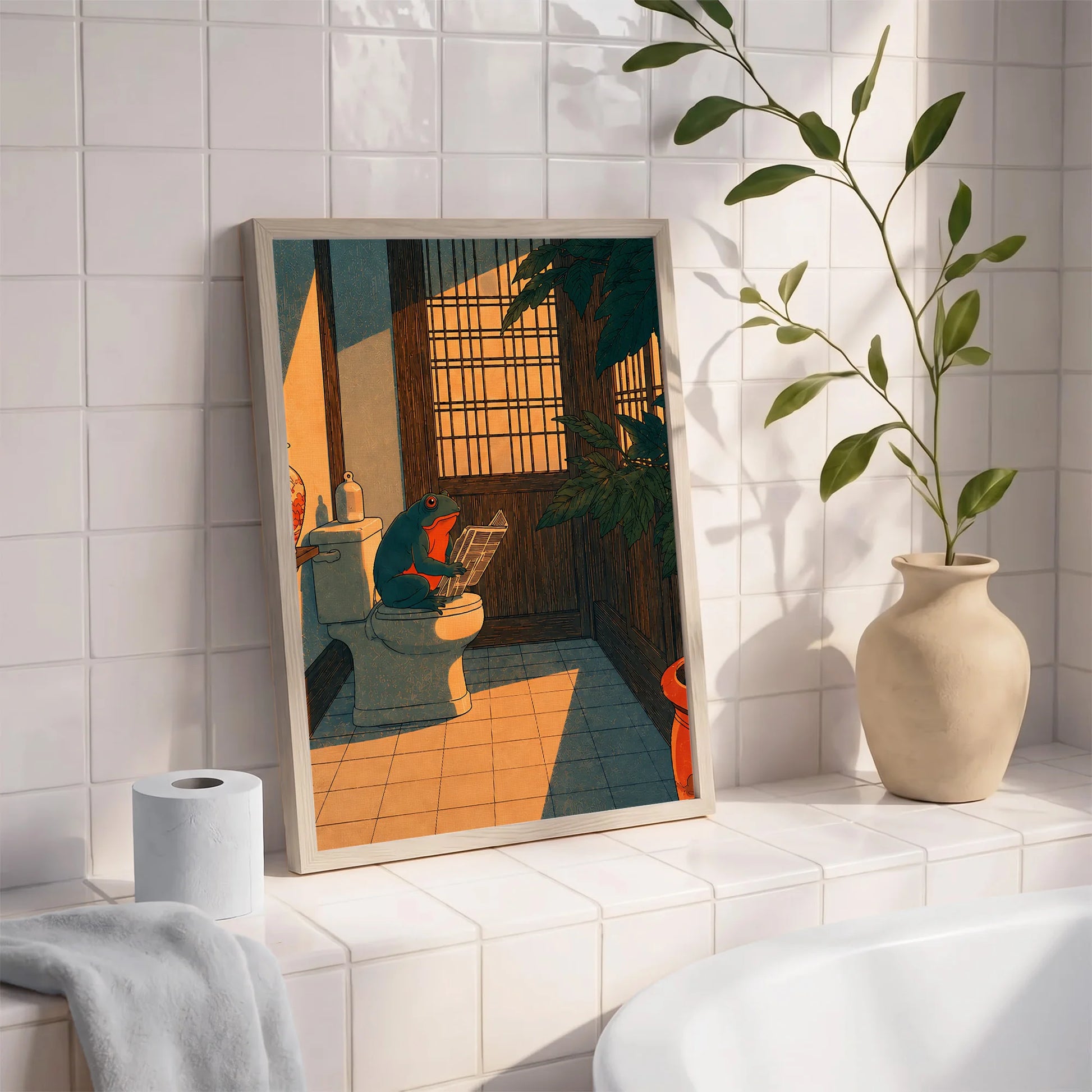 Funny Japanese Frog in Toilet - Funny Canvas Wall Art - Bathroom Nature Frame 3