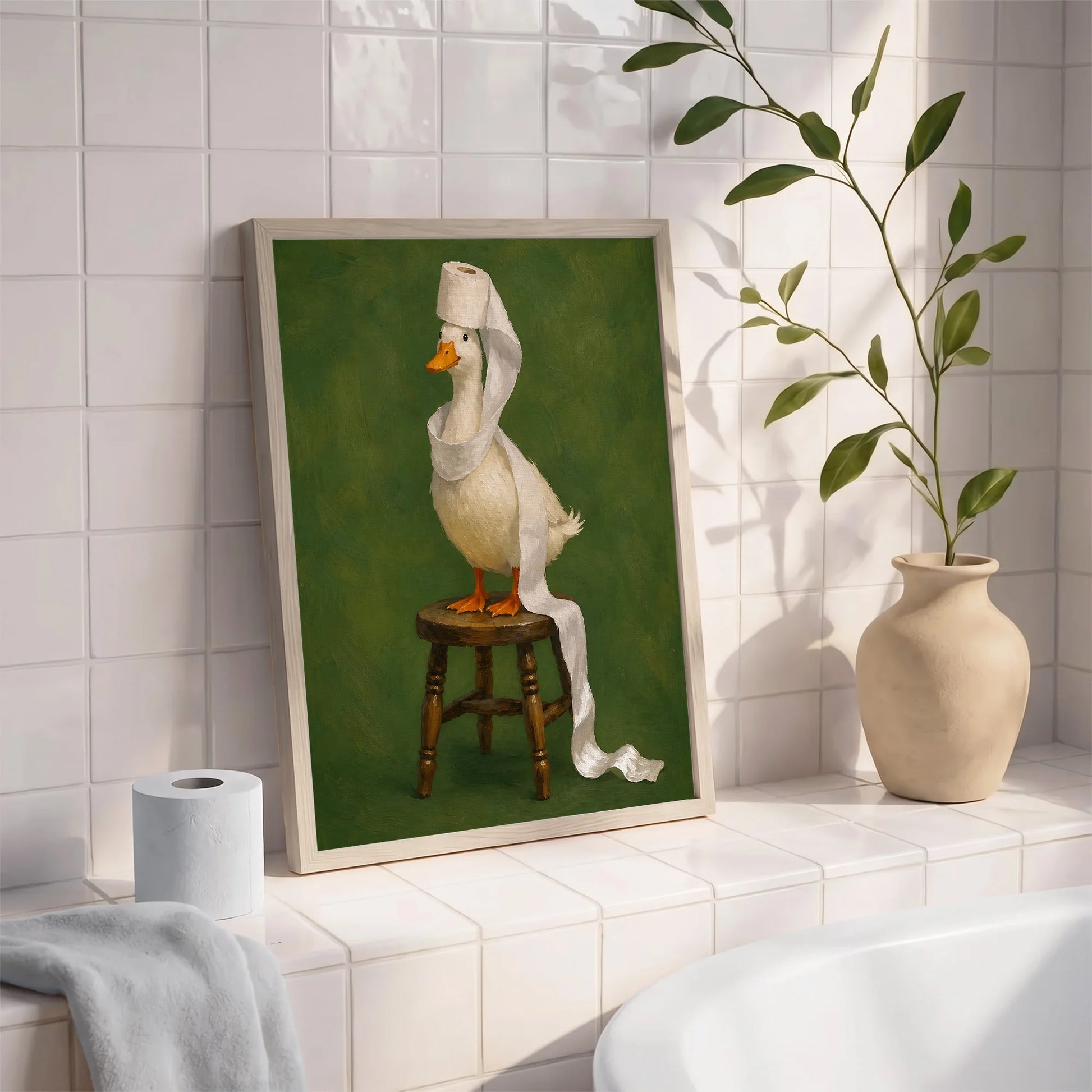 Funny Duck Toilet Paper Vintage Painting Print Art - Funny Canvas Wall Art - Bathroom Nature Frame 3