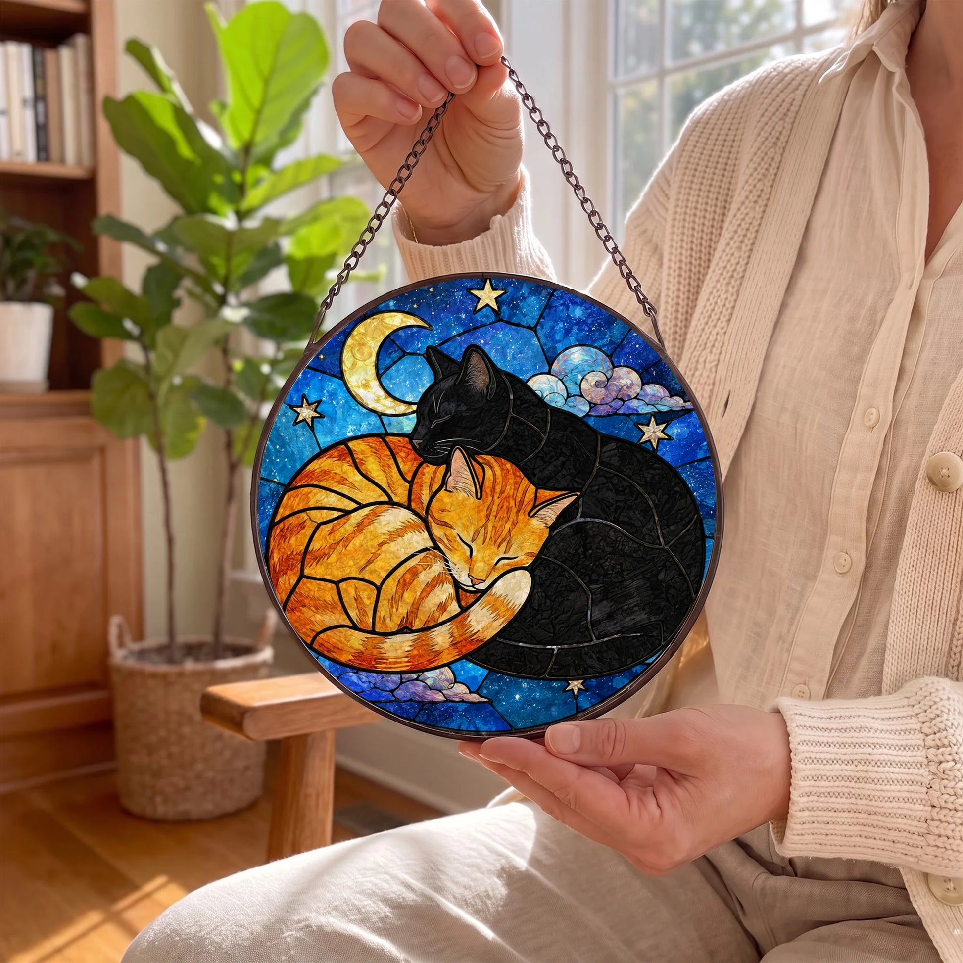 Black Cat Portrait Suncatcher - Personalized Stained Glass Window Hanging - In Hand