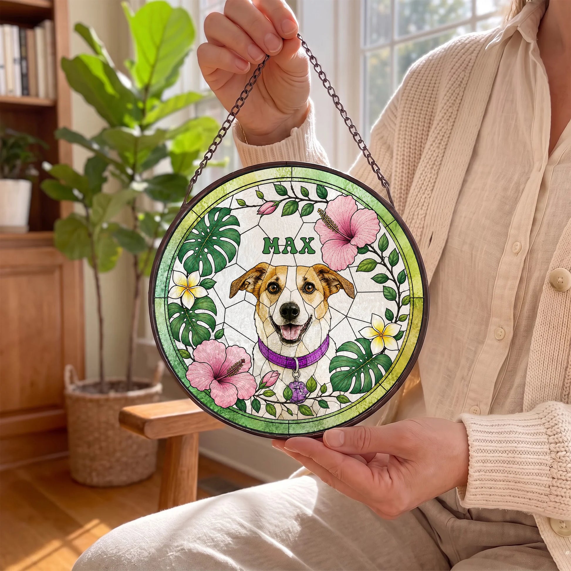 Custom Pet Portrait Suncatcher - Personalized Stained Glass Window Hanging - In Hand
