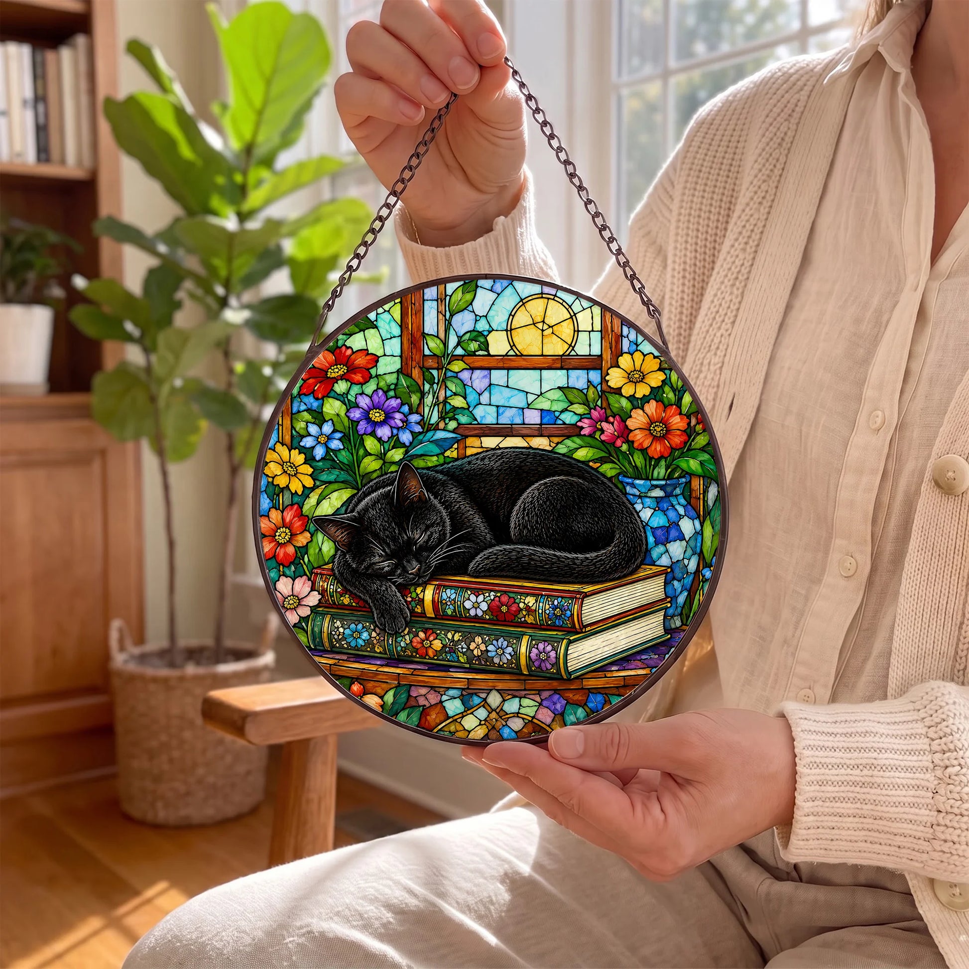 Cat Stained Glass Suncatcher Window - In Hand