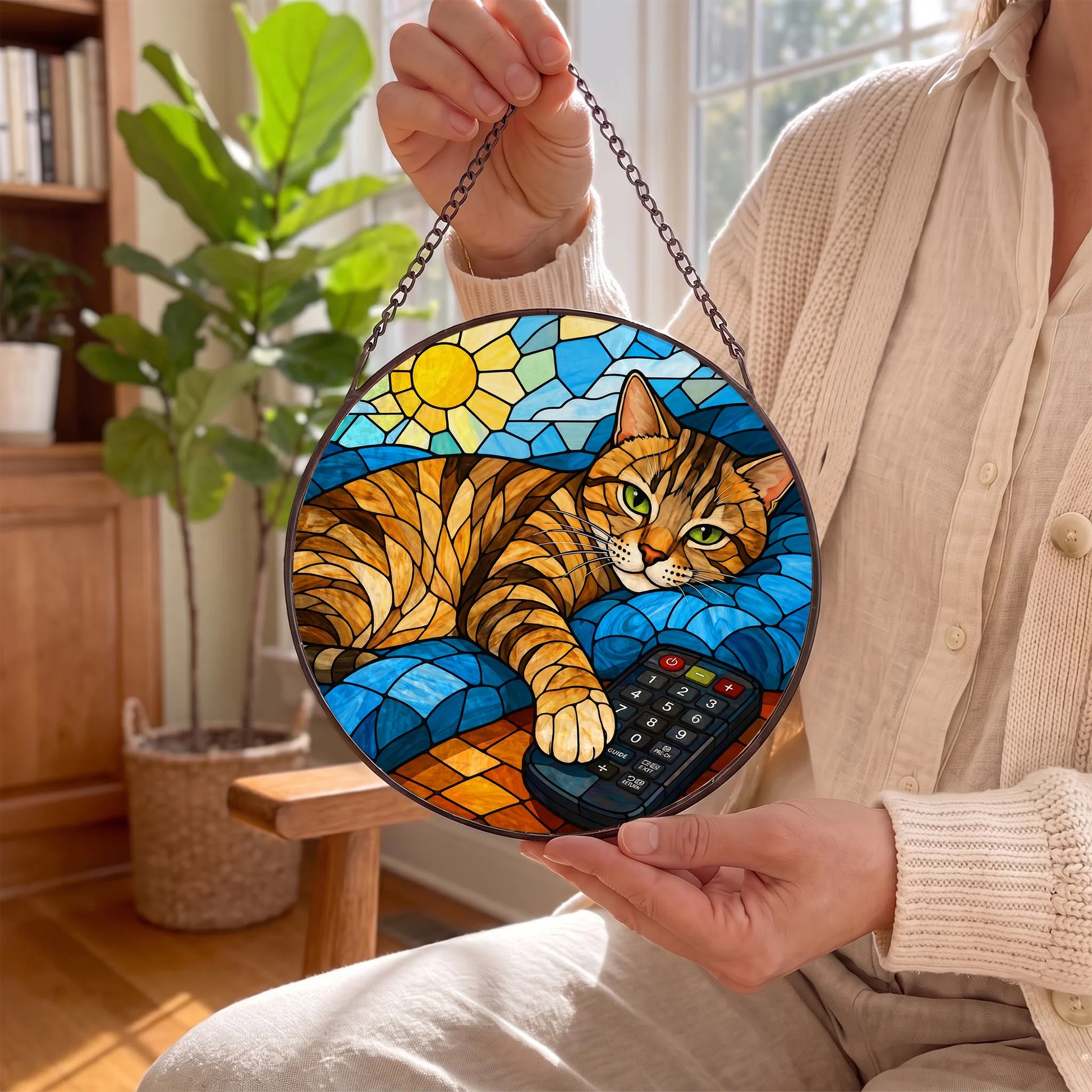 Cat Stained Glass Window Hanging - In Hand