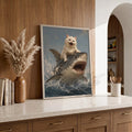 Funny White Cat Riding Shark - Funny Canvas Wall Art - Natural Frame 1