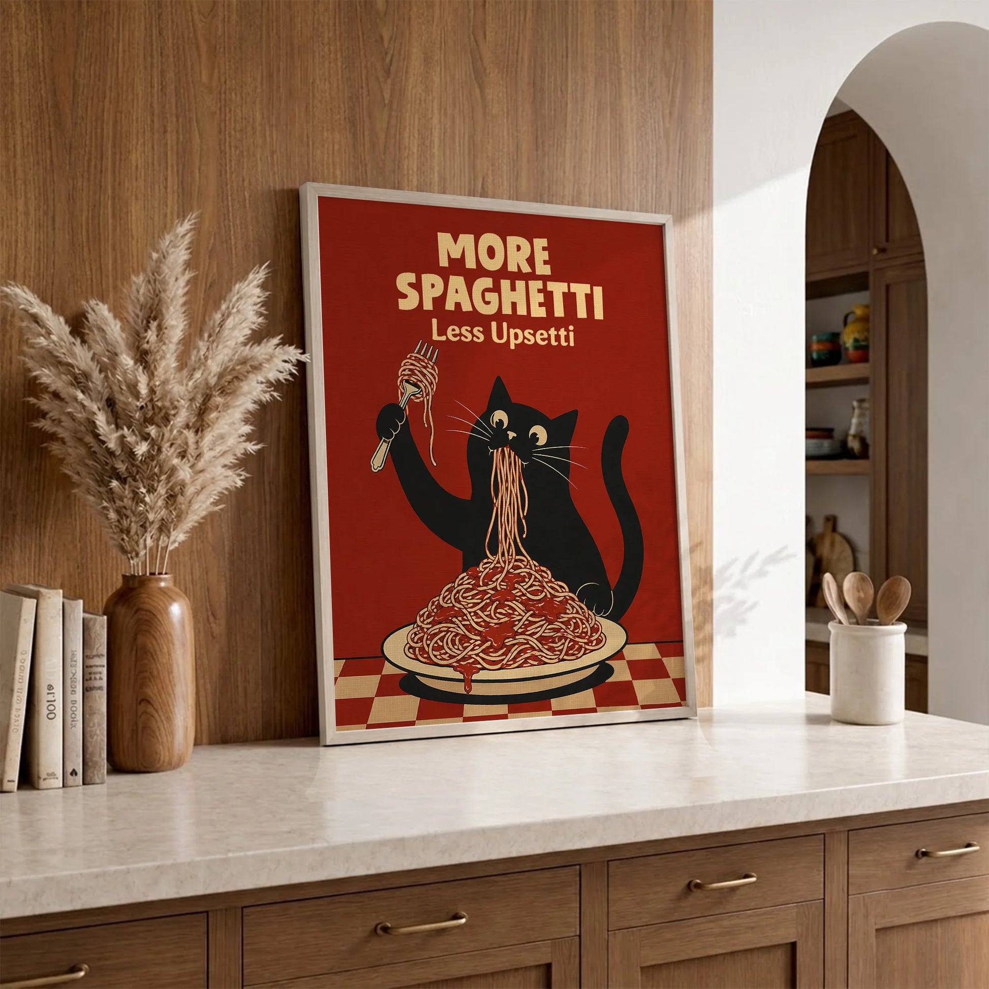 More Spaghetti Less Upsetti Funny Hungry Cat Spaghetti Art Print - Funny Canvas Wall Art - Natural Frame 1