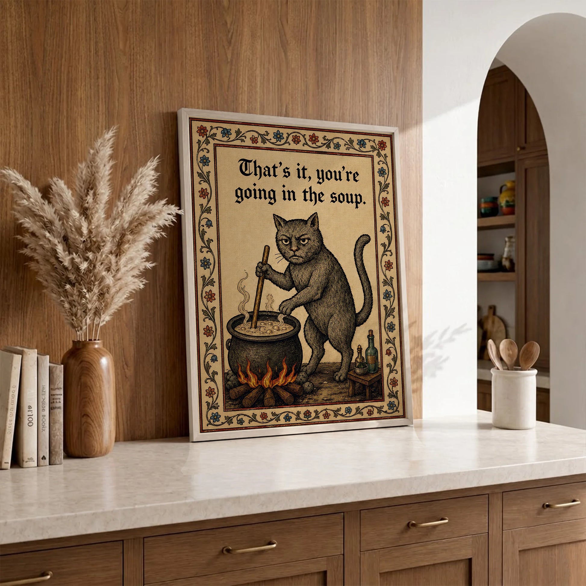 Funny Medieval Cat Going In The Soup Vintage - Funny Canvas Wall Art - Natural Frame 1