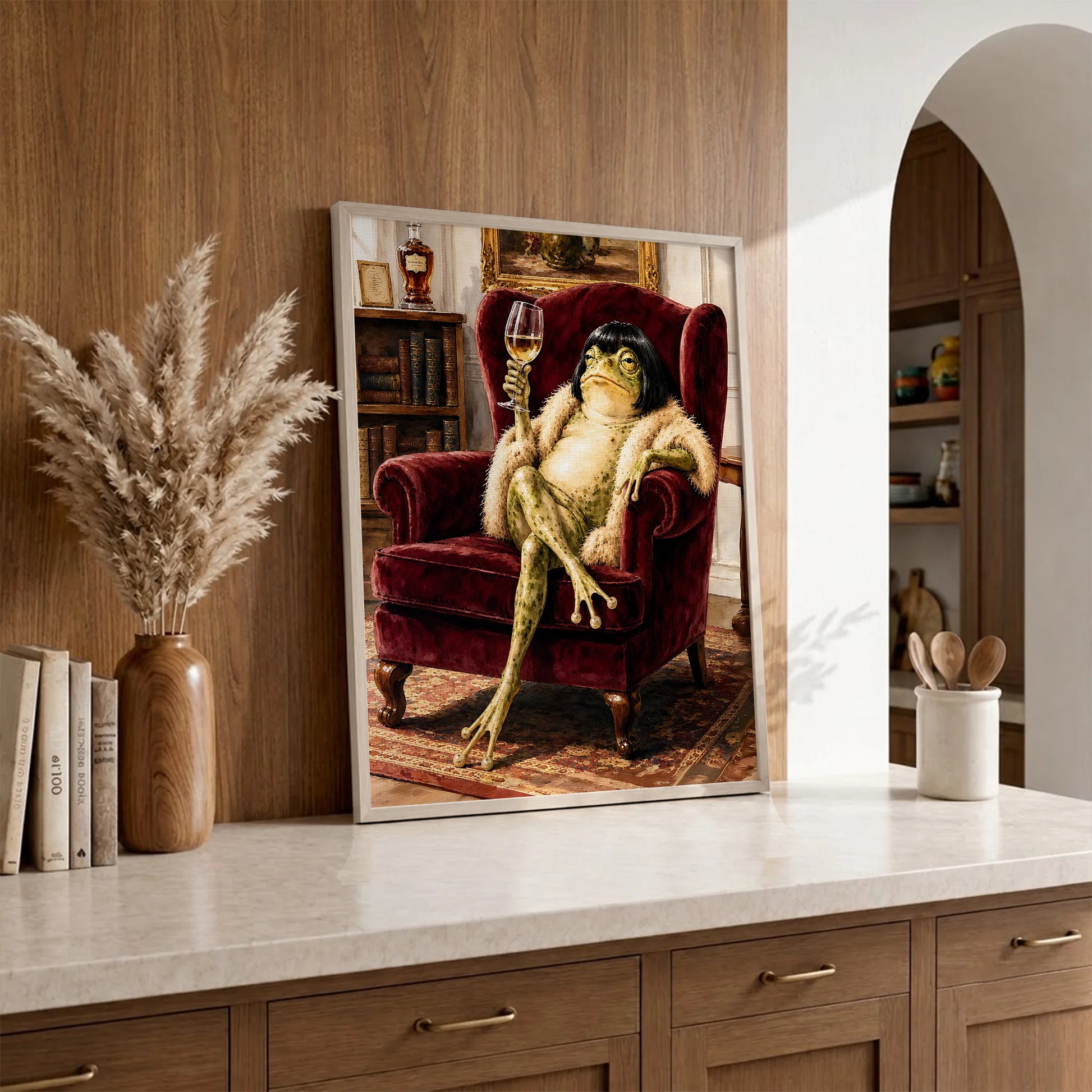 Vintage Whimsical Bob Hair Frog Drinking Champagne  - Funny Canvas Wall Art - Natural Frame 1