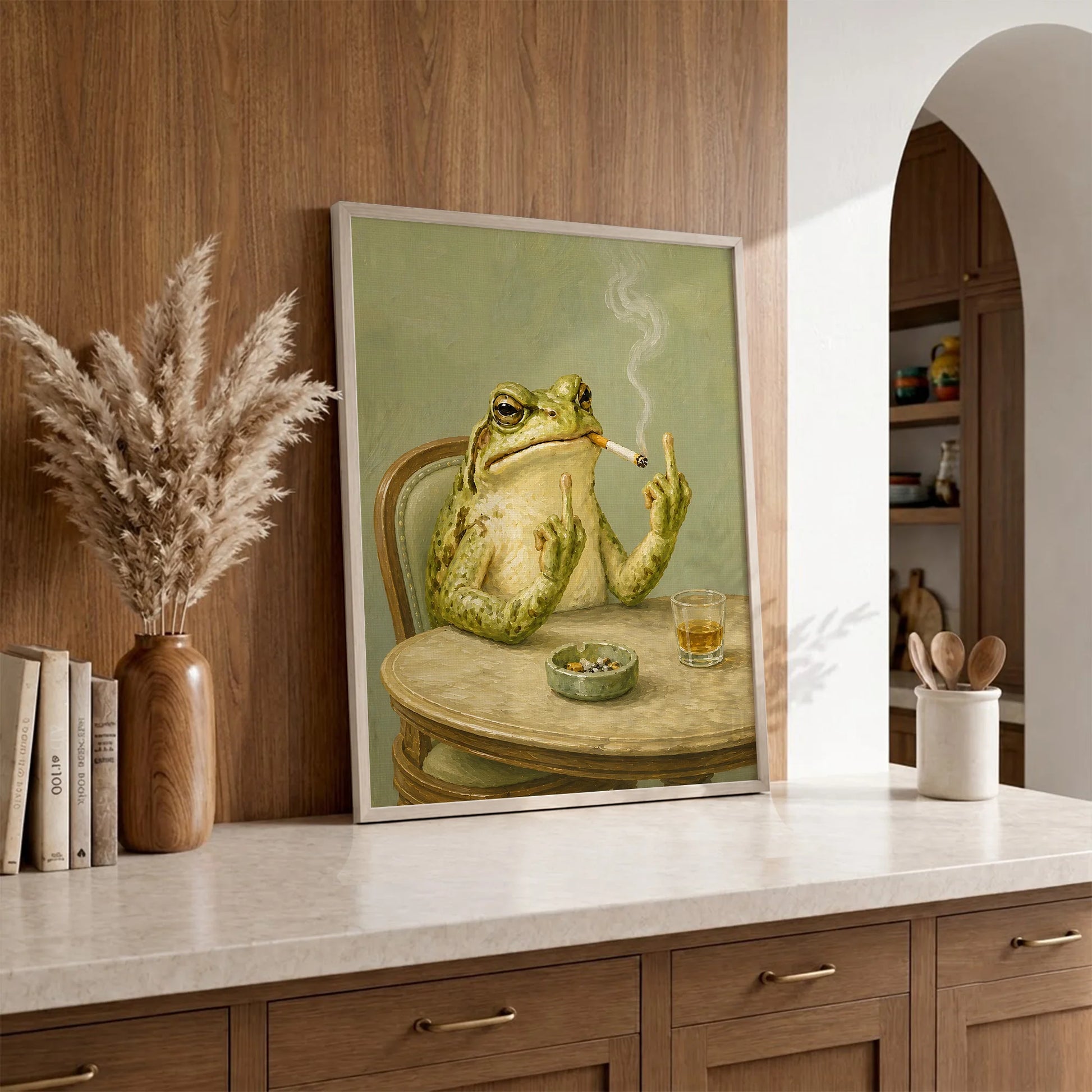 Funky Frog Smoking Middle Finger  - Funny Canvas Wall Art - Natural Frame 1
