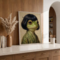 Whimsical Bob Hair Frog Portrait Vintage - Funny Canvas Wall Art - Natural Frame 1