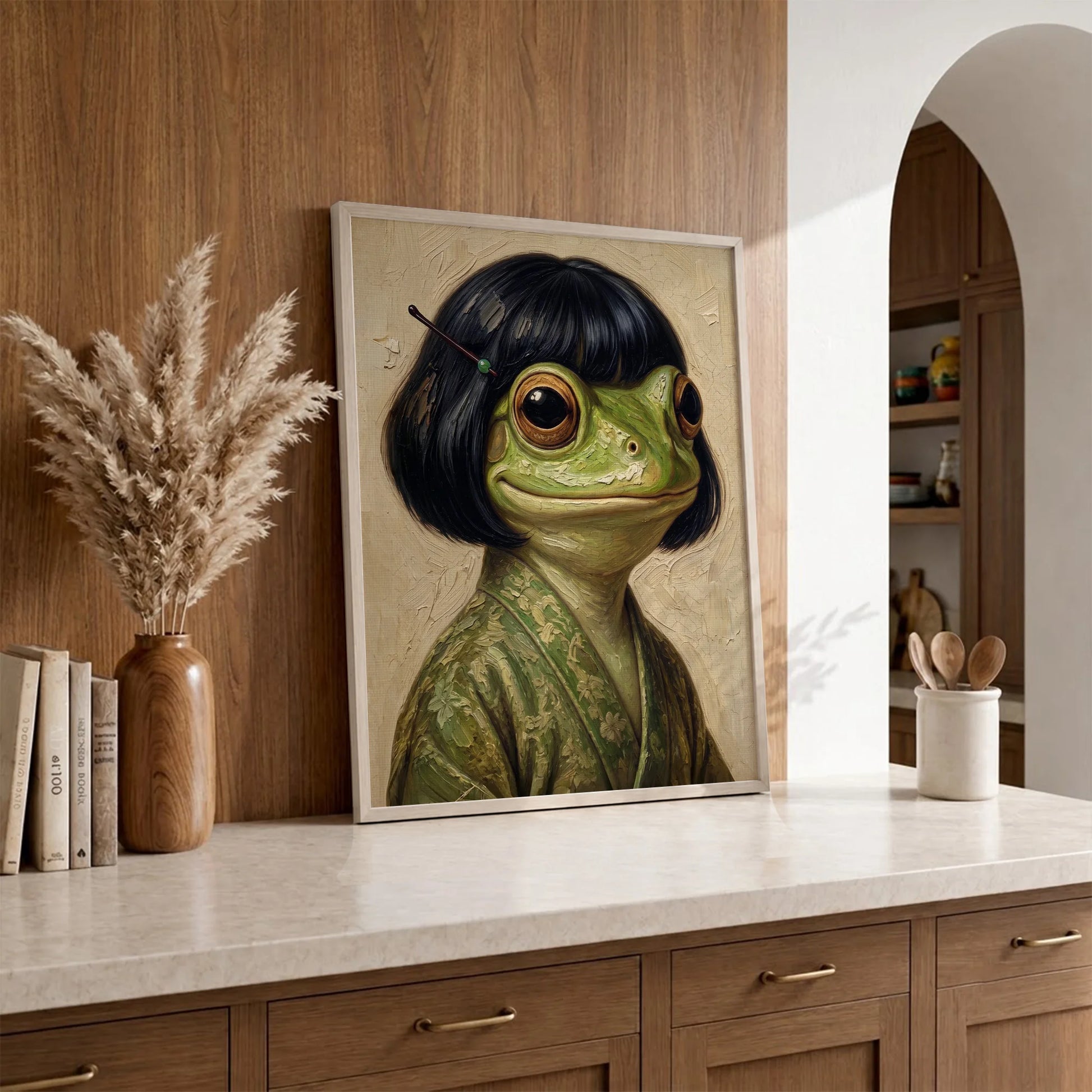 Whimsical Bob Hair Frog Portrait Vintage - Funny Canvas Wall Art - Natural Frame 1