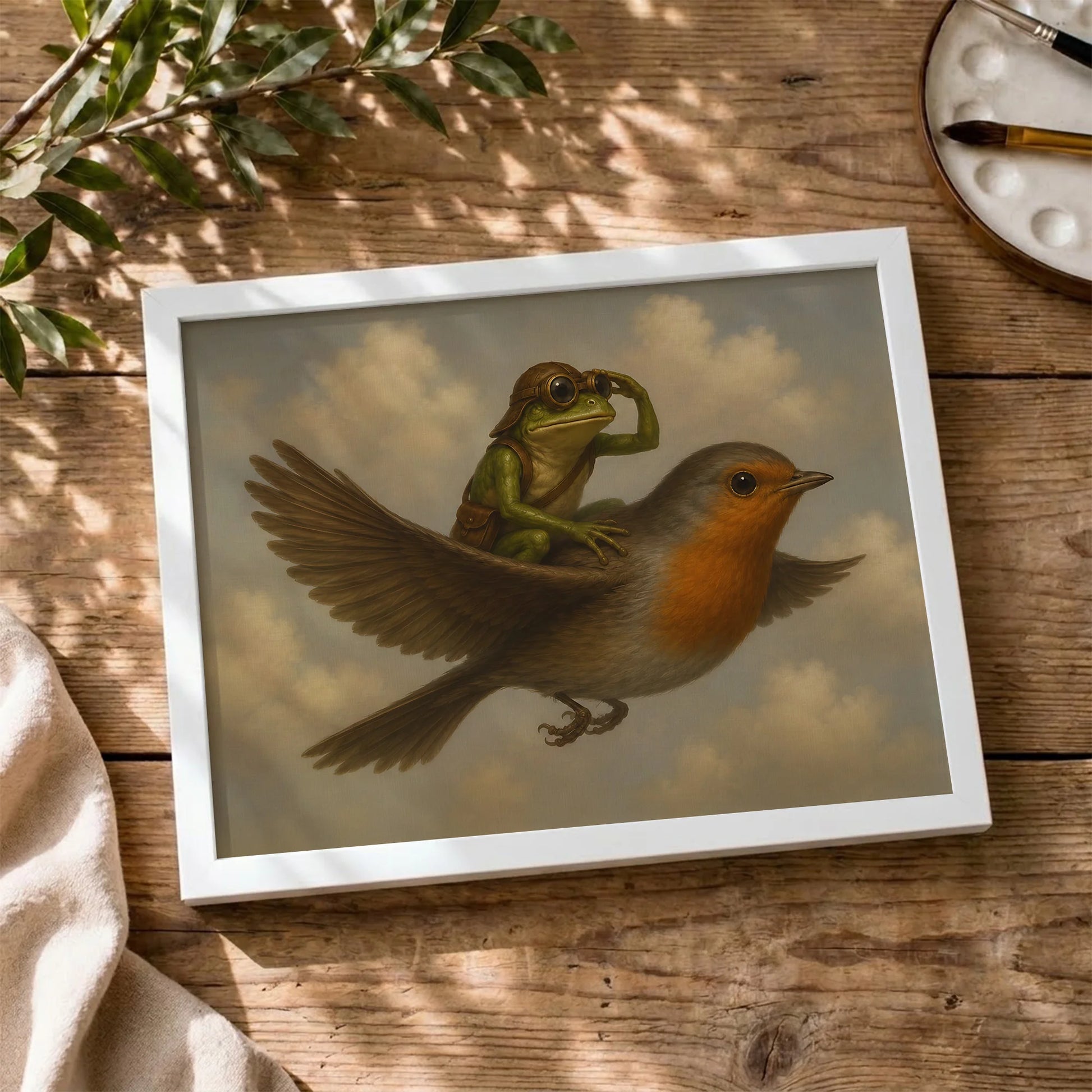 Vintage Whimsical Frog Riding - Funny Canvas Wall Art - White Frame 1
