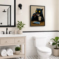 Quirky Black Cat Brushing Teeth Painting Humorous Bathroom Print Art  - Funny Canvas Wall Art - Bathroom Black Frame