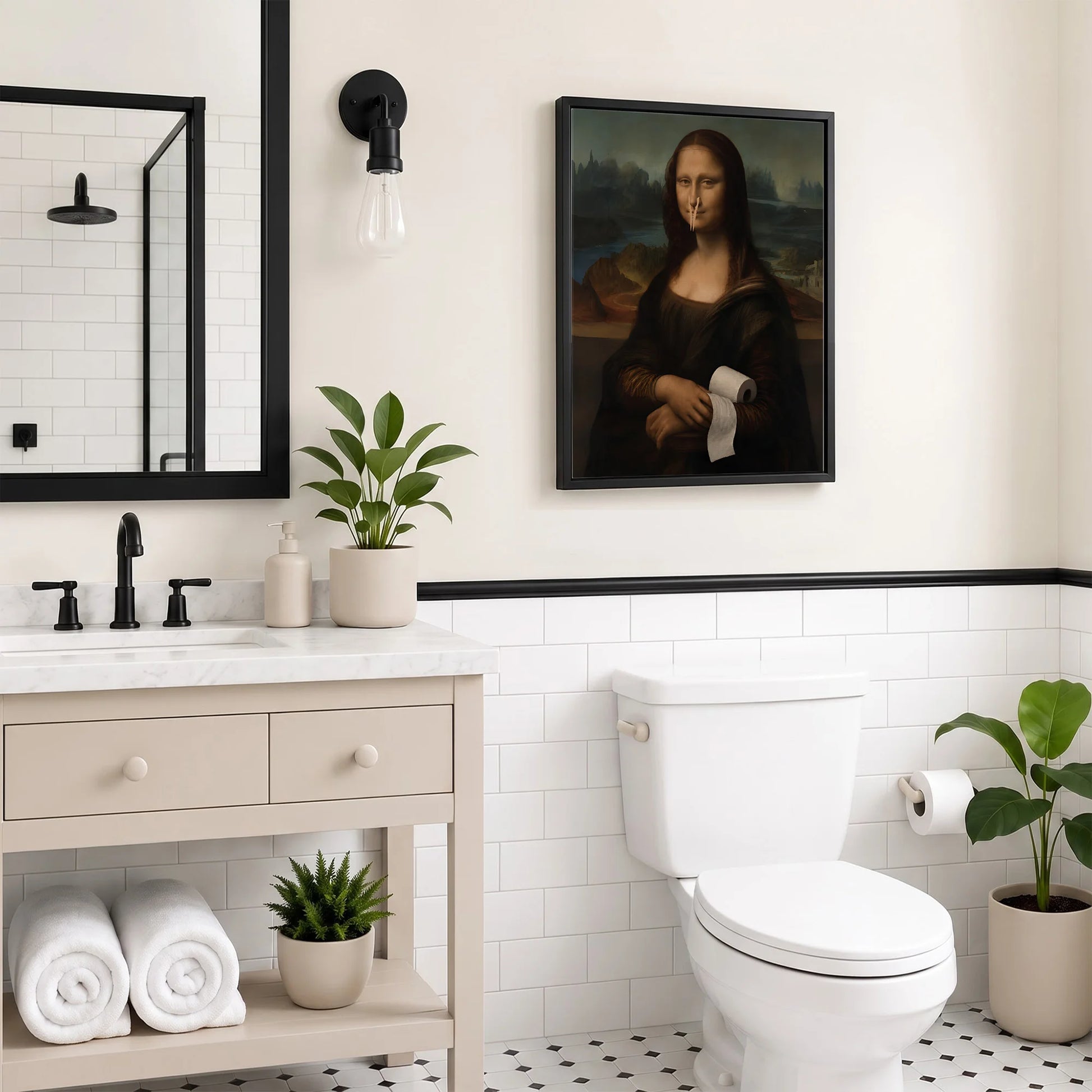 Funny Mona Lisa with Clothespin - Funny Canvas Wall Art - Bathroom Black Frame