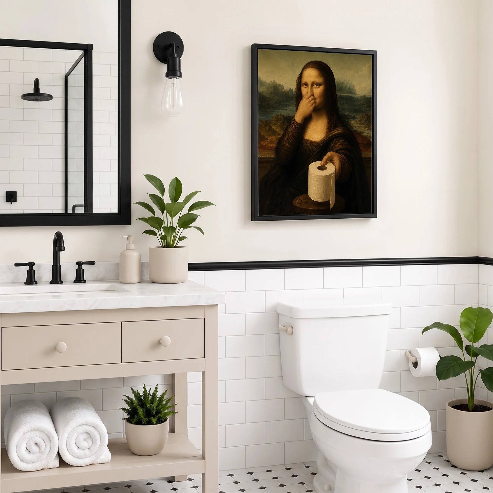 Funny Mona Lisa Pinching Nose Bathroom Parody - Funny Canvas Wall Art - Bathroom Black Frame