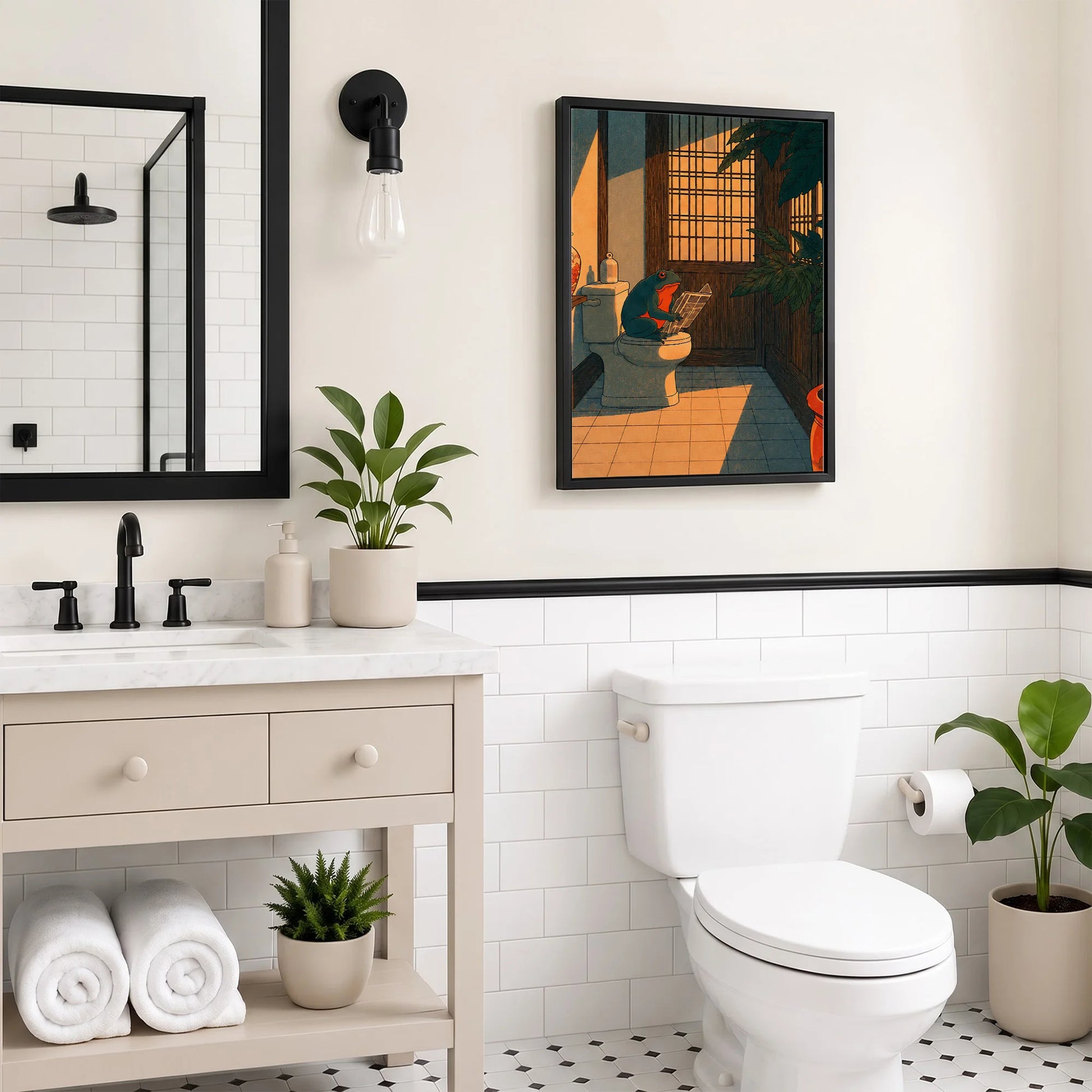 Funny Japanese Frog in Toilet - Funny Canvas Wall Art - Bathroom Black Frame