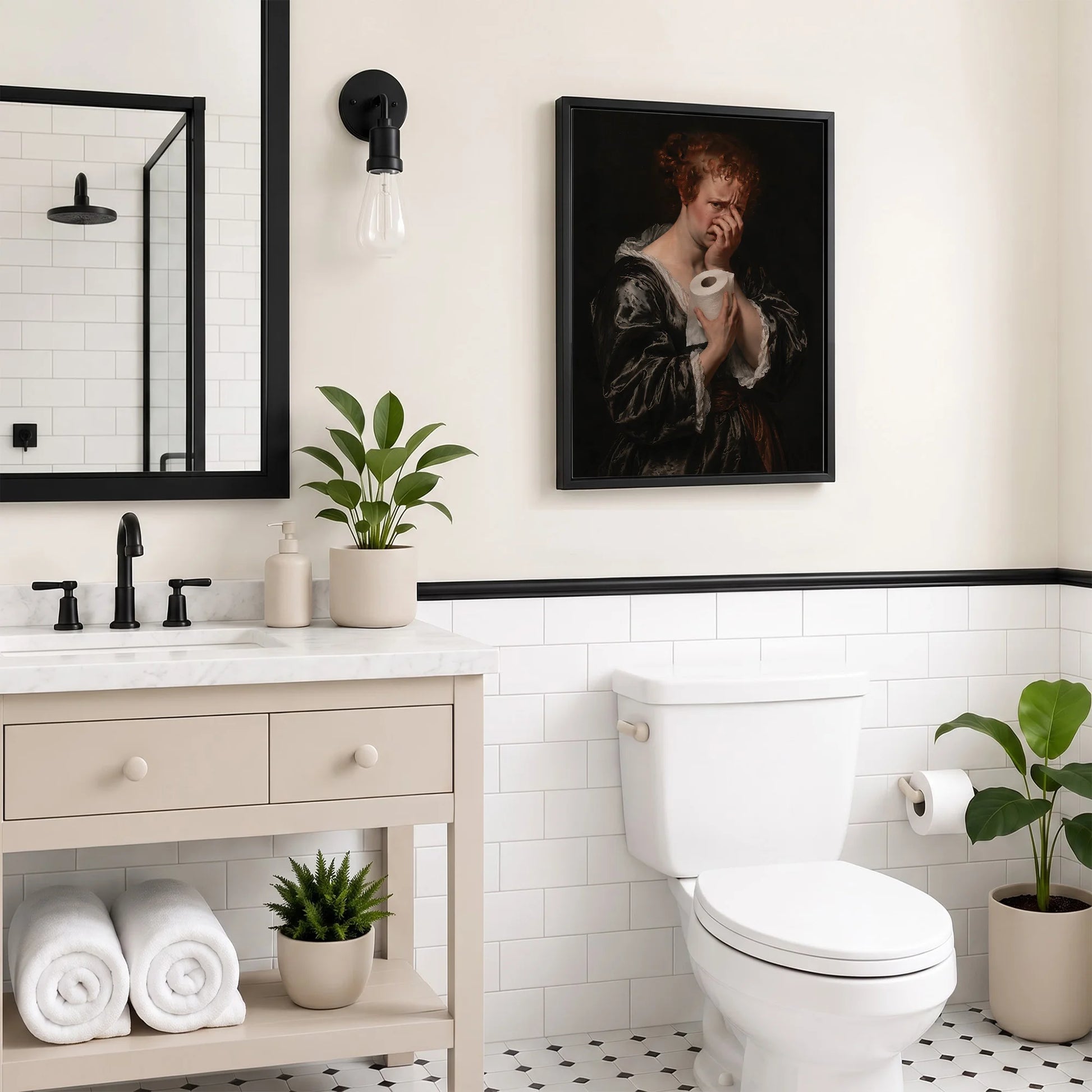 Funny Bathroom Woman Covering Nose - Funny Canvas Wall Art - Bathroom Black Frame