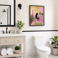 Cute Black Cat Sitting on Toilet Reading Newspaper - Funny Canvas Wall Art - Bathroom Black Frame