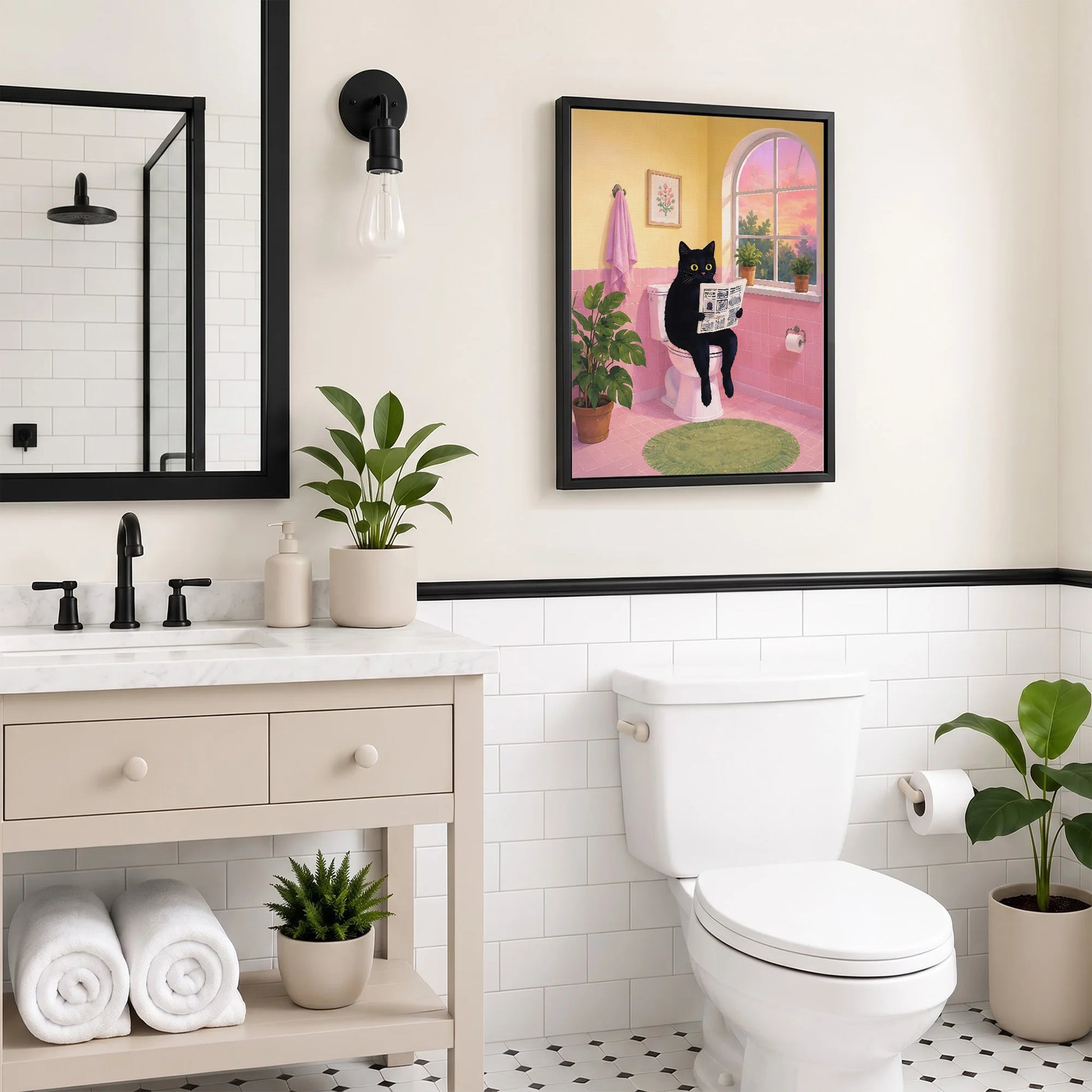 Cute Black Cat Sitting on Toilet Reading Newspaper - Funny Canvas Wall Art - Bathroom Black Frame