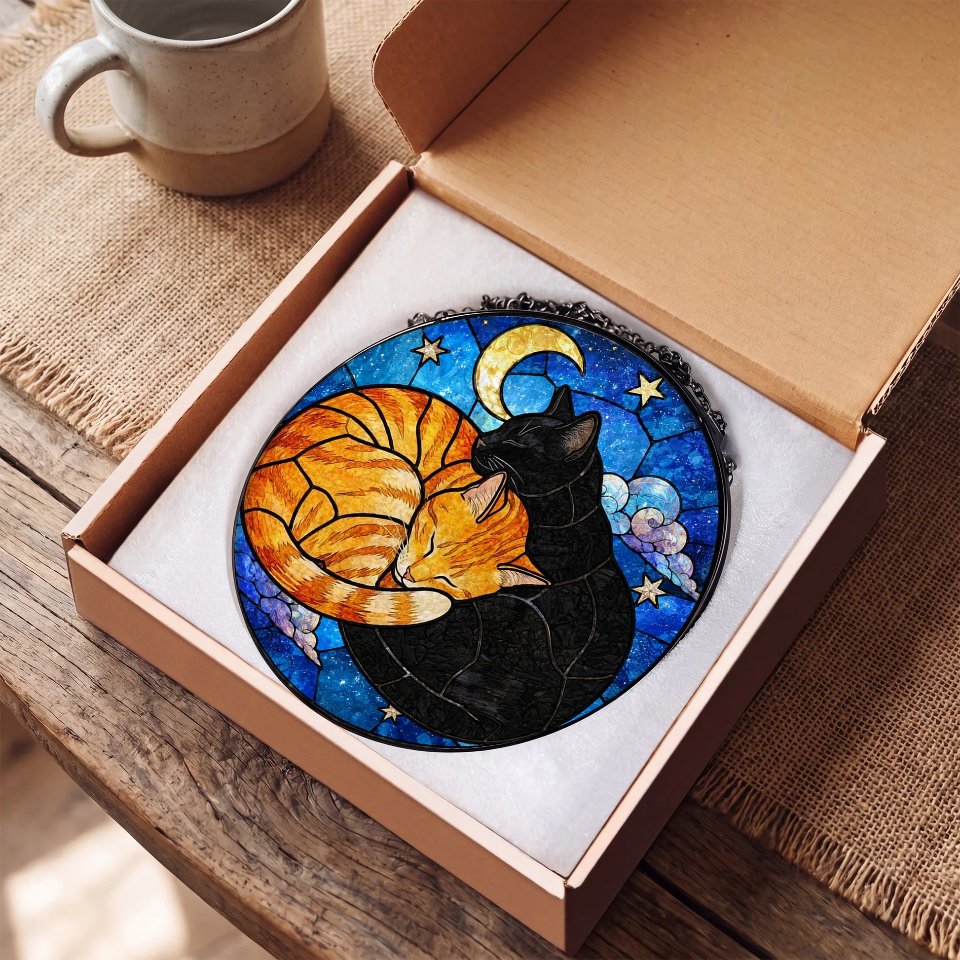 Black Cat Portrait Suncatcher - Personalized Stained Glass Window Hanging - Gift Box