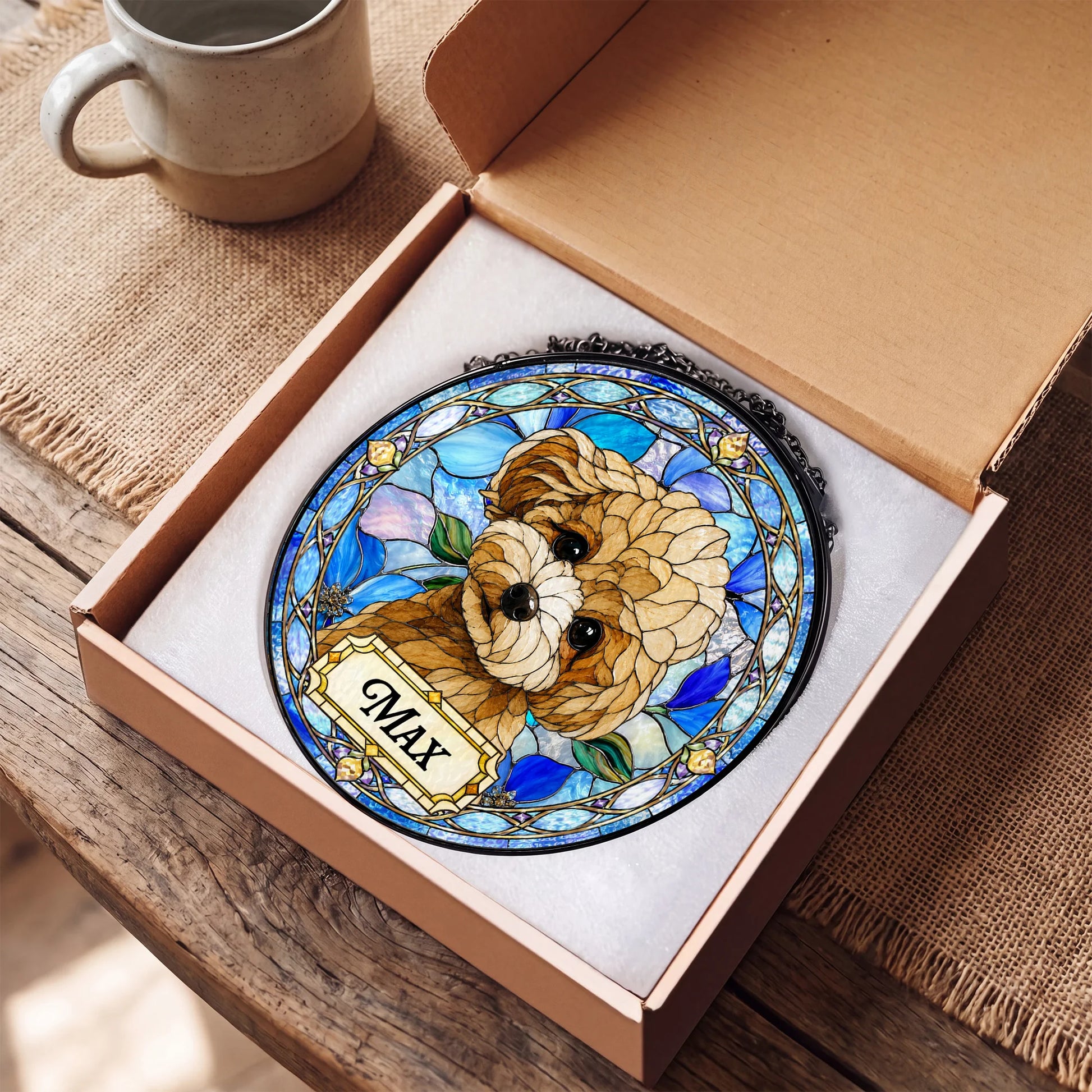 Custom Dog Portrait Suncatcher - Personalized Stained Glass Window Hanging - Gift Box
