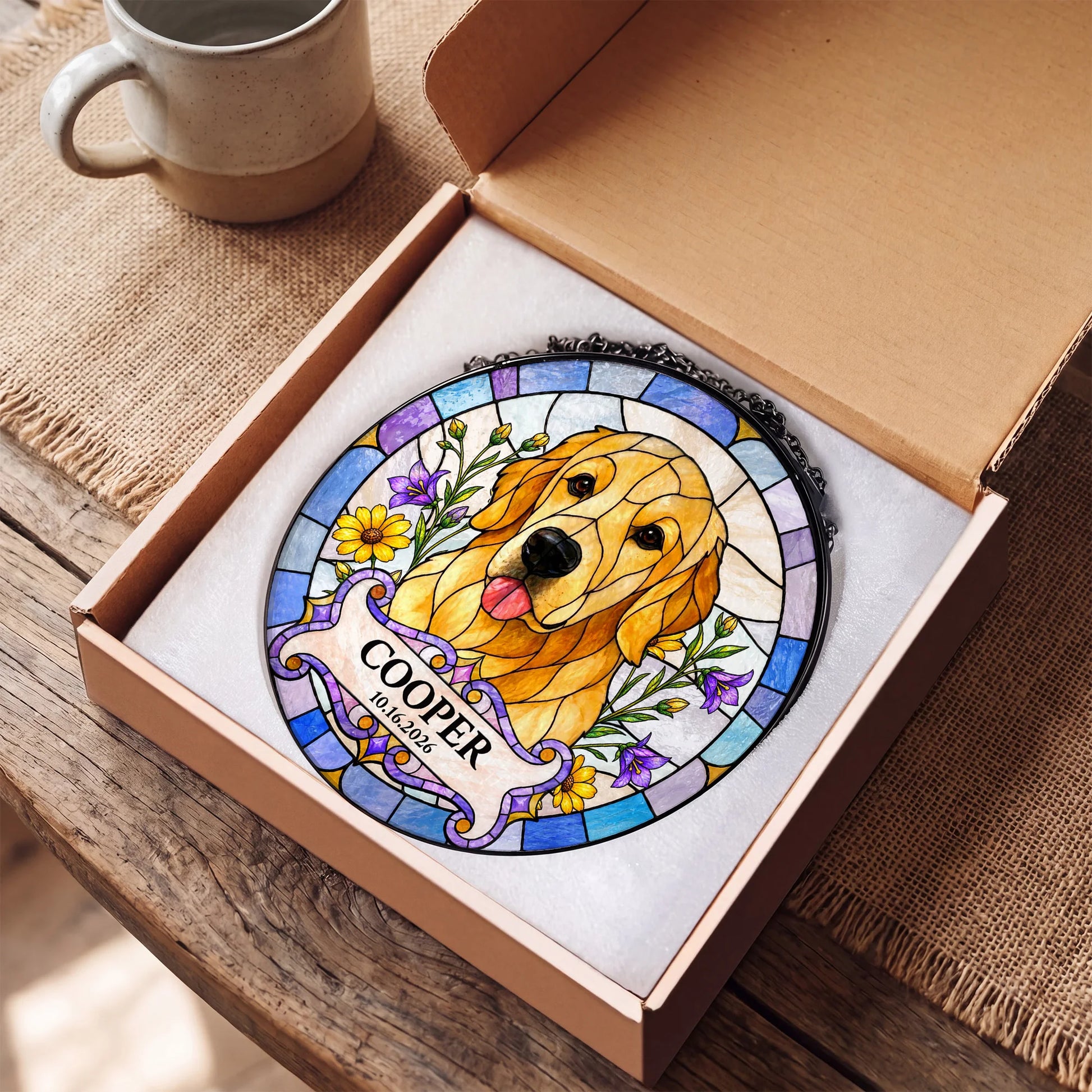 Custom Dog Portrait Suncatcher - Personalized Stained Glass Window Hanging - Gift Box