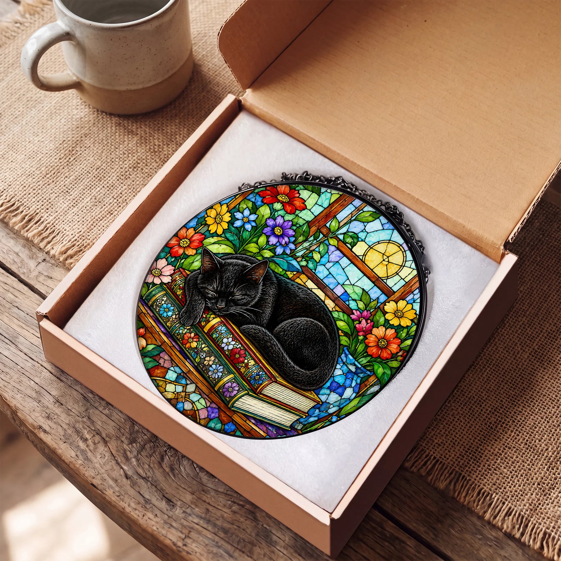 Cat Stained Glass Suncatcher Window - Gift Box