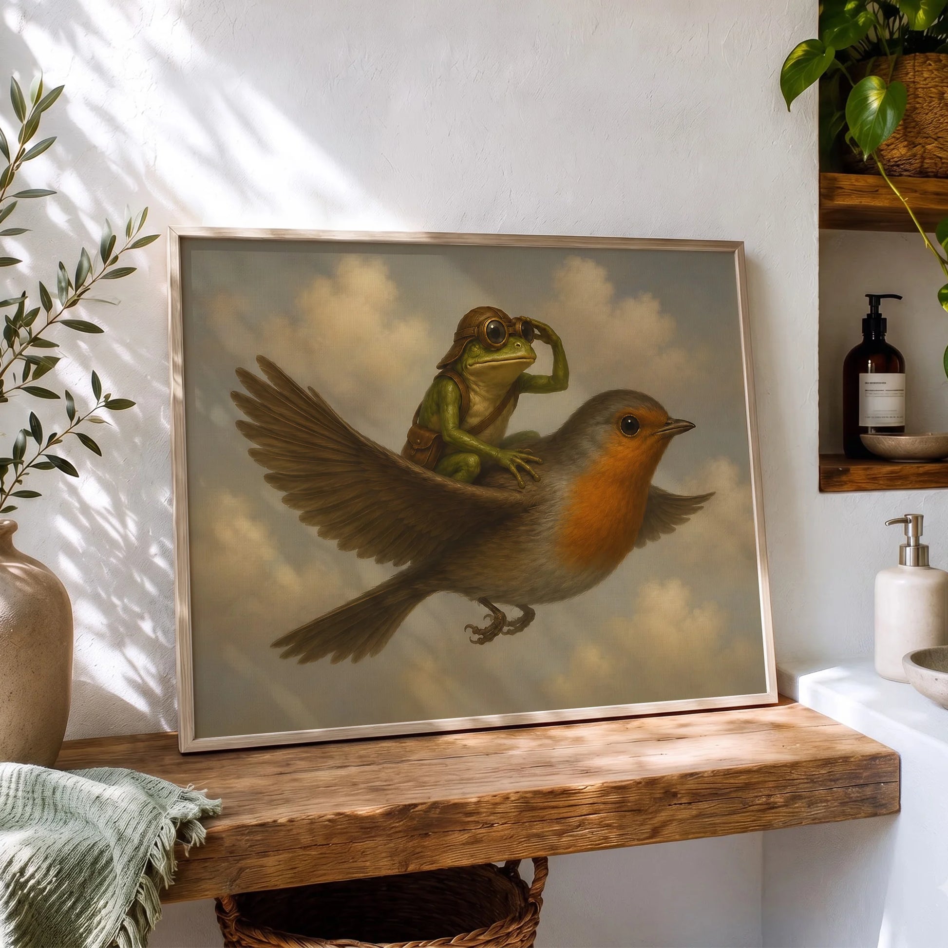 Vintage Whimsical Frog Riding - Funny Canvas Wall Art - Natural Frame 3