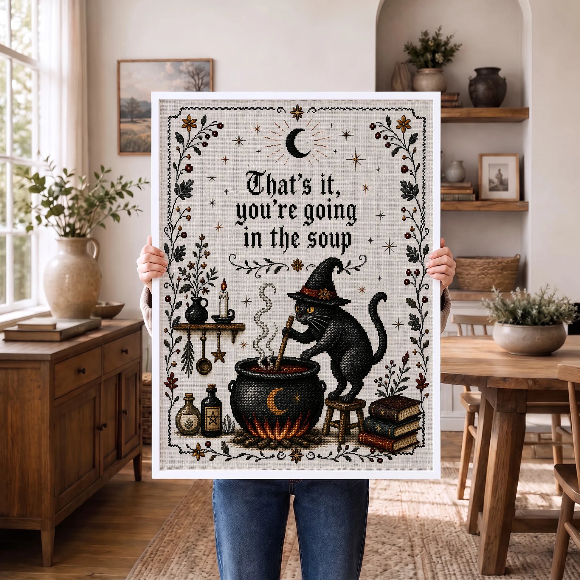That's It You're Going in the Soup Funny Black Cat Witch - Funny Canvas Wall Art - White Frame 1