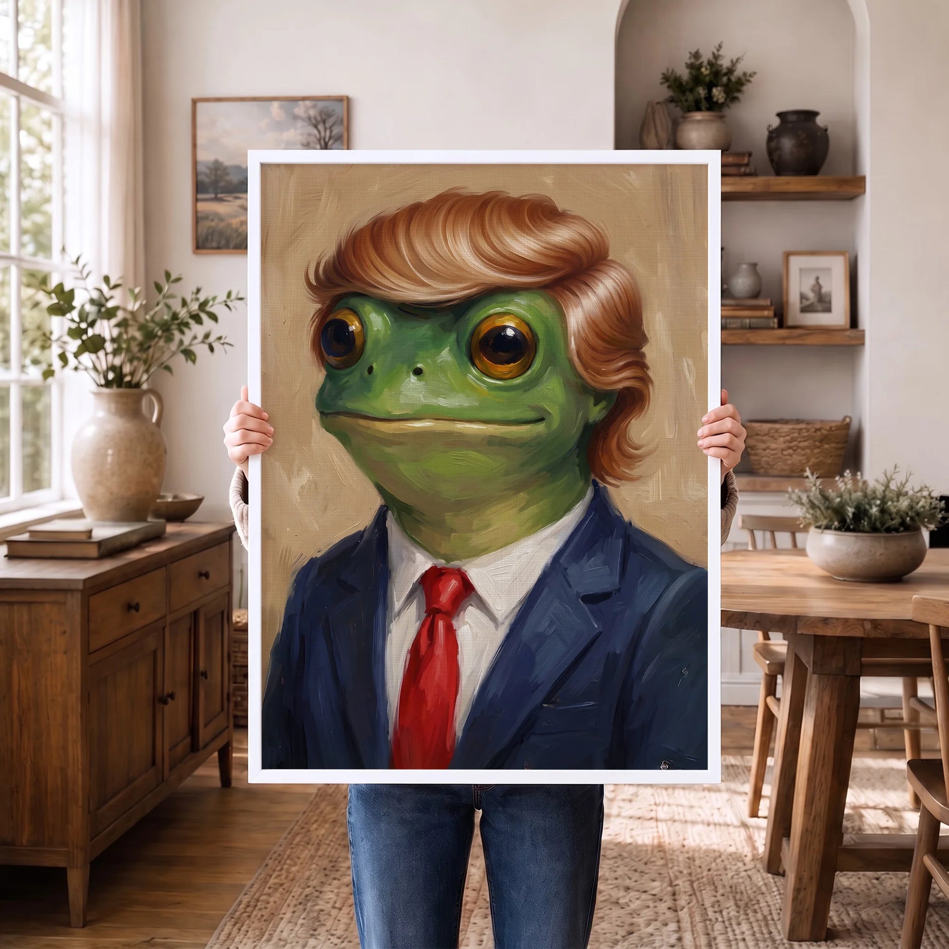 Funny Trump Frog Portrait Oil Painting Art Print Vintage - Funny Canvas Wall Art - White Frame 1
