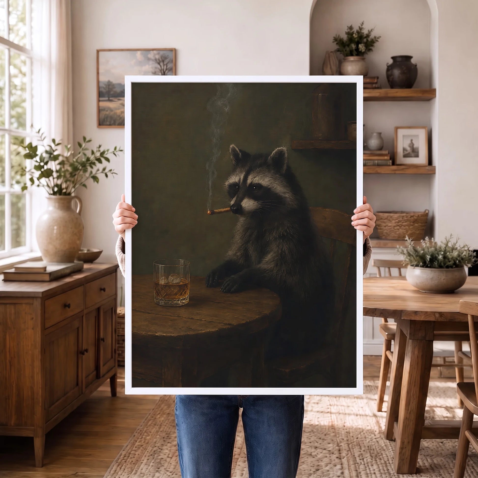 Funny Raccoon Cigar & Whiskey Vintage - Funny Canvas Wall Art - White Frame 1