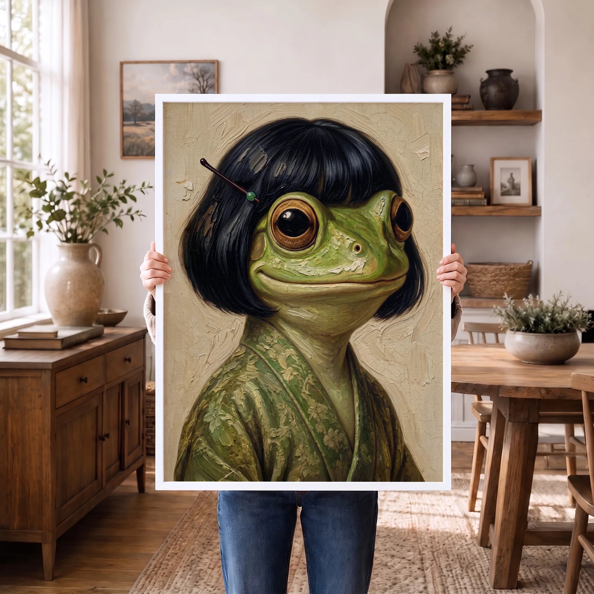 Whimsical Bob Hair Frog Portrait Vintage - Funny Canvas Wall Art - White Frame 1