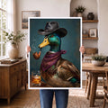 Cowboy Duck Smoking Whiskey Vintage Western - Funny Canvas Wall Art - White Frame 1