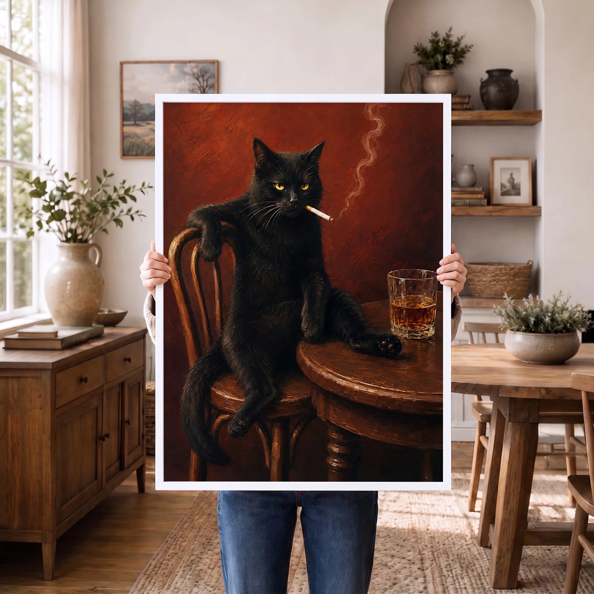 Vintage Black Cat Smoking - Funny Canvas Wall Art - White Frame 1