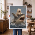 Funny White Cat Riding Shark - Funny Canvas Wall Art - White Frame 1
