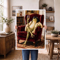 Vintage Whimsical Bob Hair Frog Drinking Champagne  - Funny Canvas Wall Art - White Frame 1