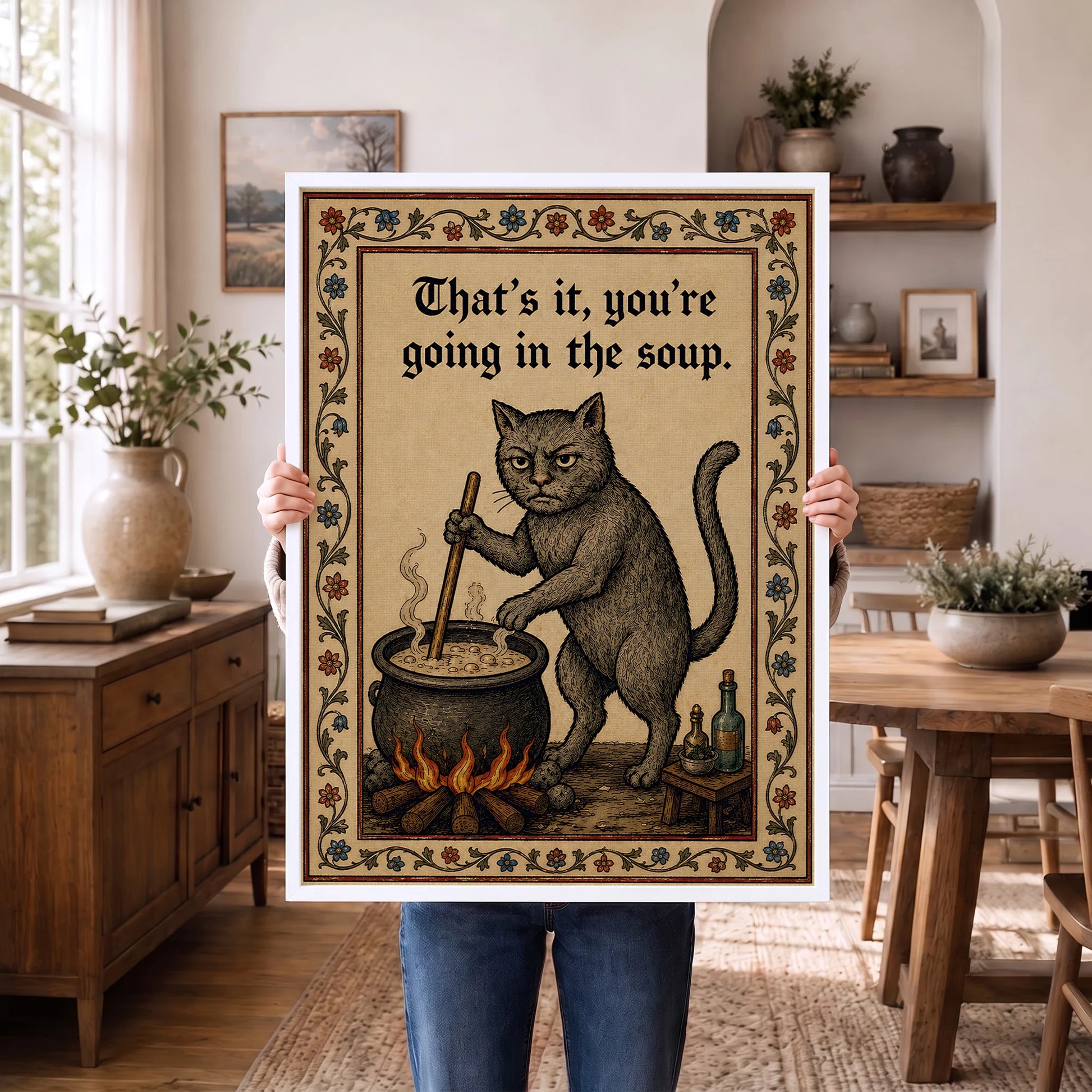 Funny Medieval Cat Going In The Soup Vintage - Funny Canvas Wall Art - White Frame 1